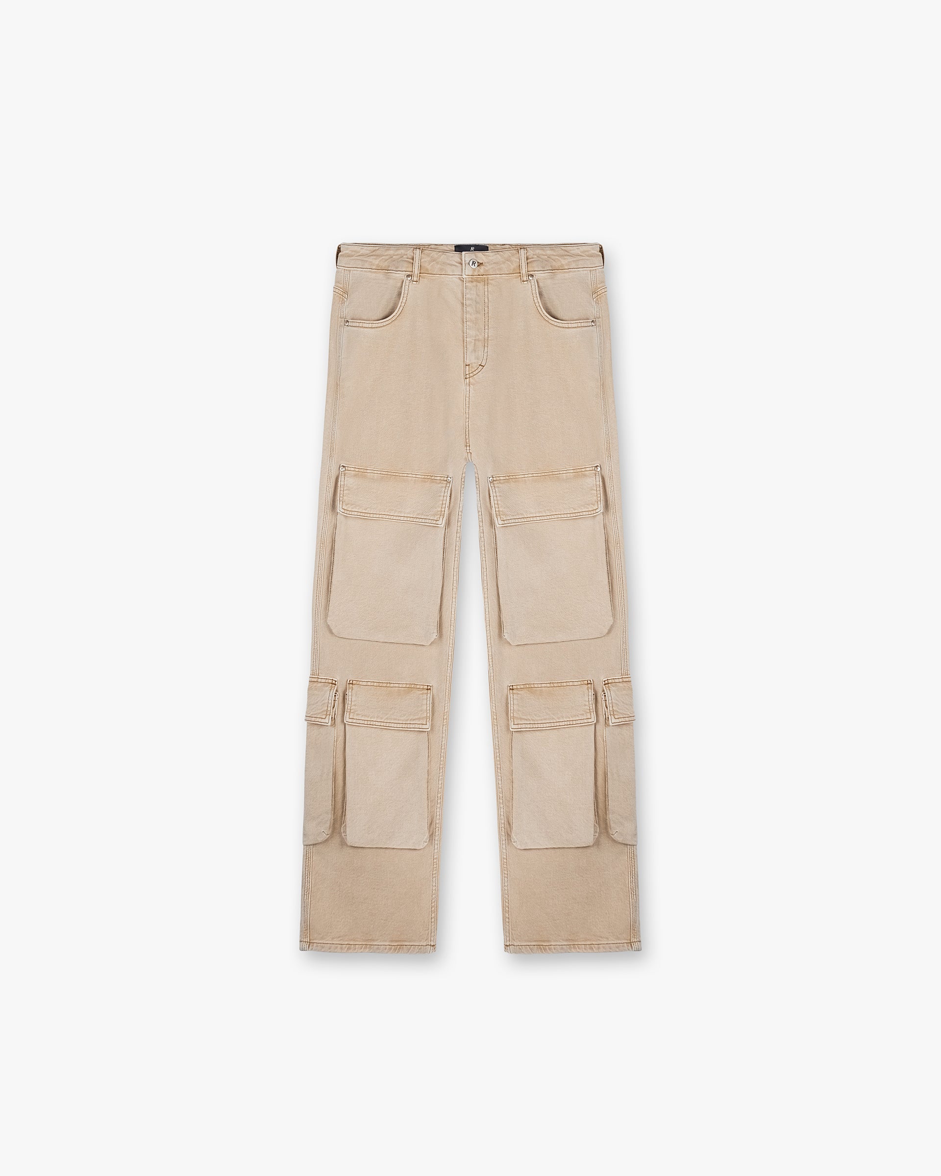 Front product image of mens brown denim on a plain white background | R3Ca Cargo Denim in Dirt Cashmere | Cargo denim with multiple pockets | SS24 Denim | Represent Clo