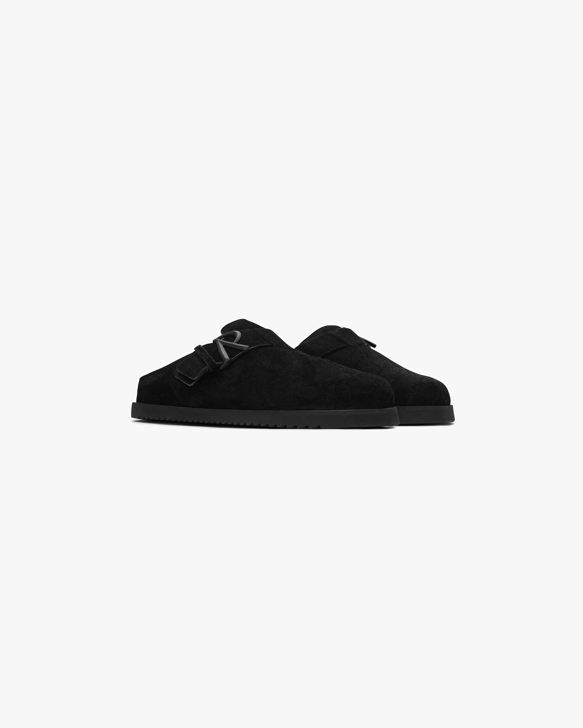 Back product image of mens black mules on a plain white background | Initial Mule in Black | Hairy suede mules with arch support and deep heel cup | SS24 Footwear | Represent Clo