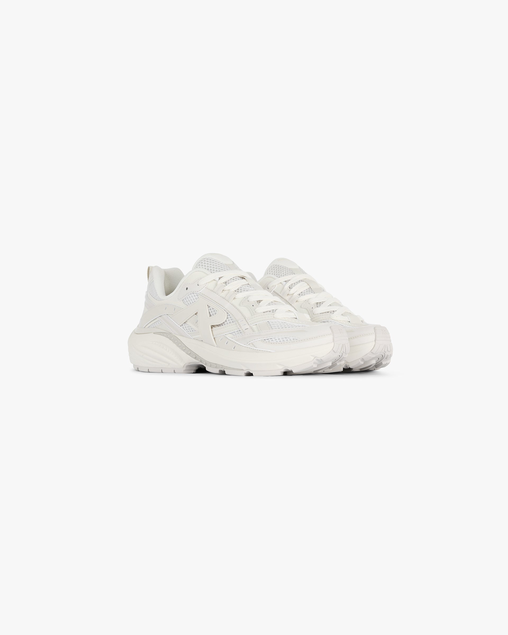 Back product image of mens off white sneakers on a plain white background | Storm Runner in Off White | Sneakers with open sandwich mesh upper | FW24 Footwear | Represent Clo