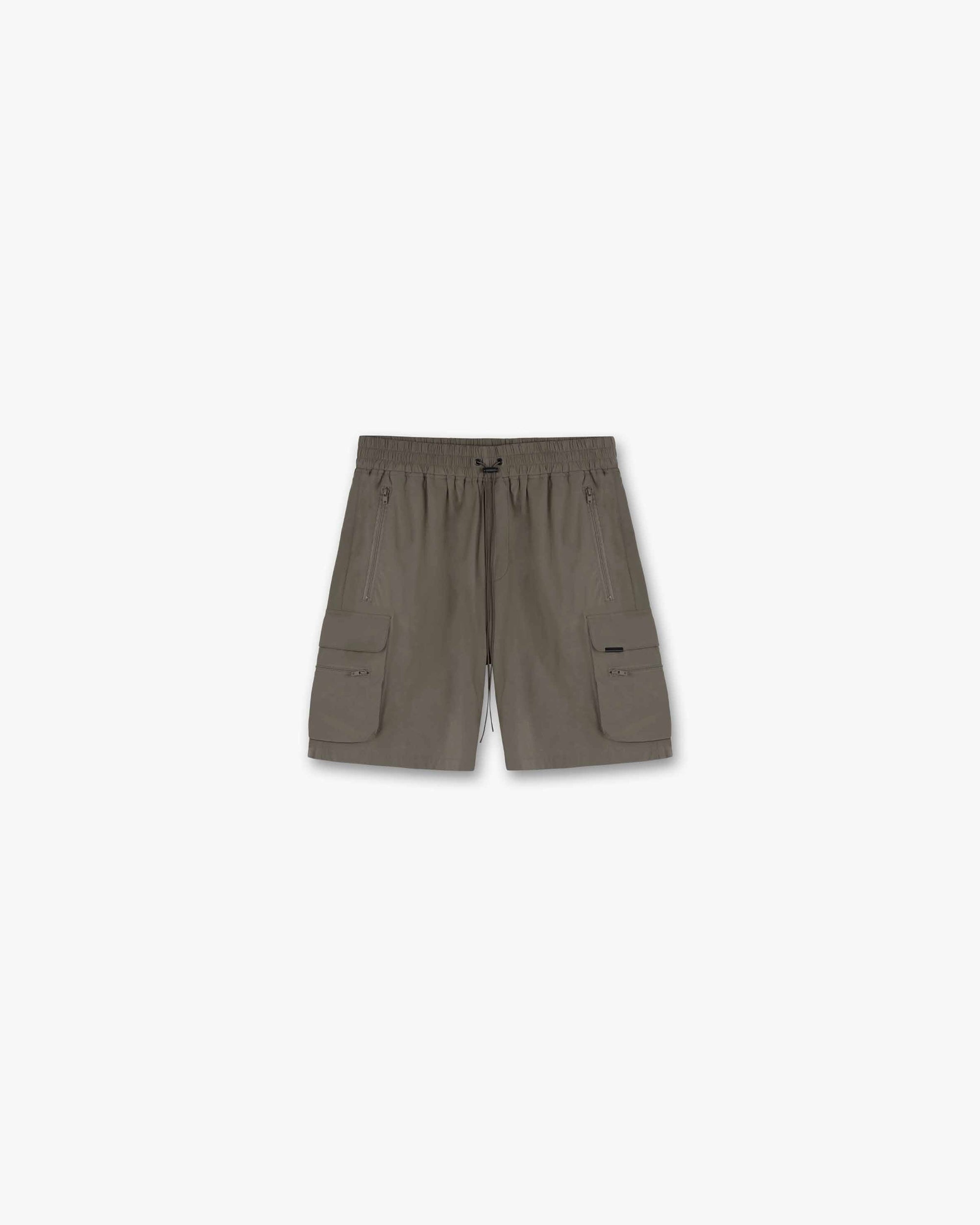 Front product image of mens olive shorts on a plain white background | 247 Shorts in Olive | Cargo shorts with adjustable waistband and RiRi zippers | 247 Shorts | Represent Clo