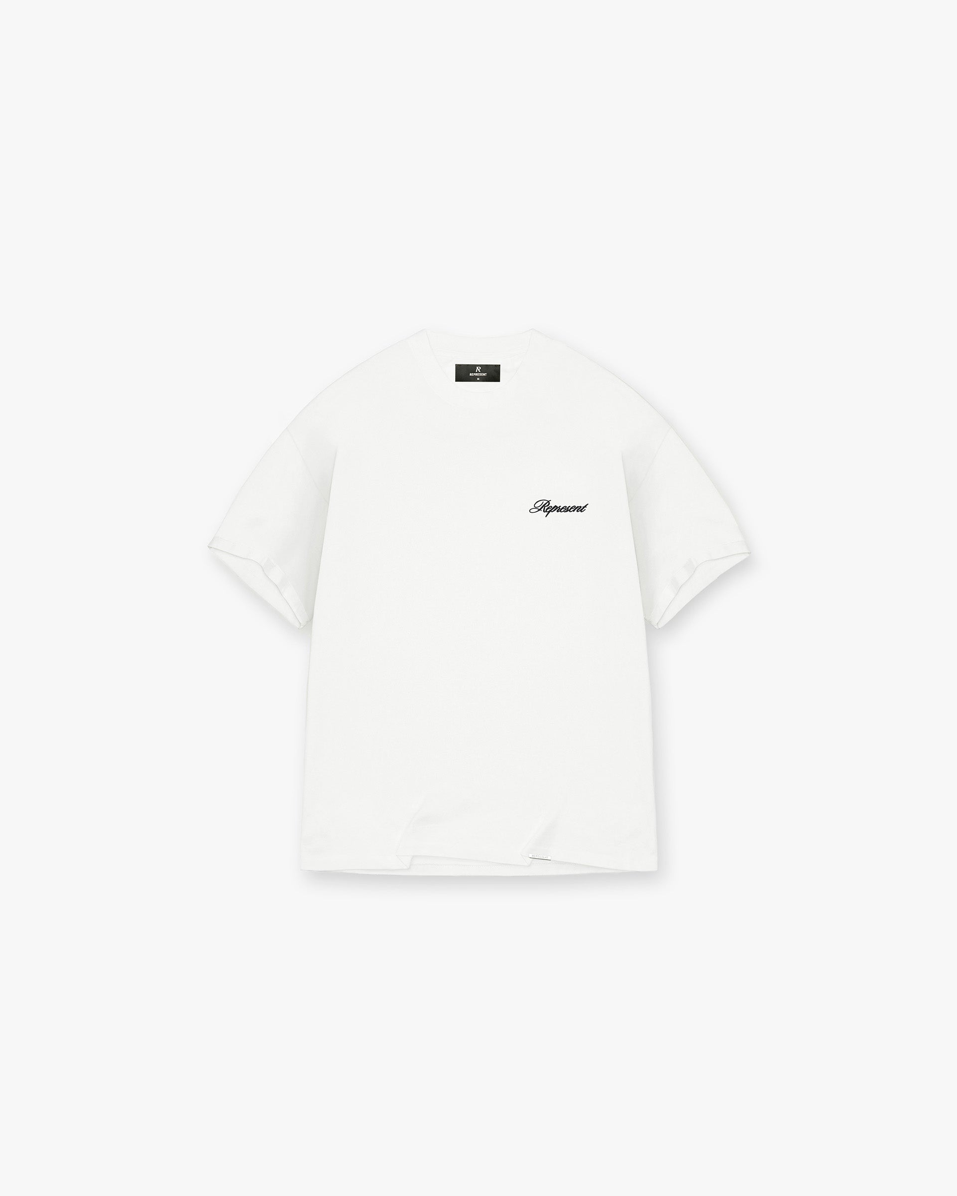 Front product image of a mens white t-shirt on a plain white background | Script Logo T-Shirt in Flat White | T-shirt with embroidered script branding | PRE SS25 T-Shirts | Represent Clo