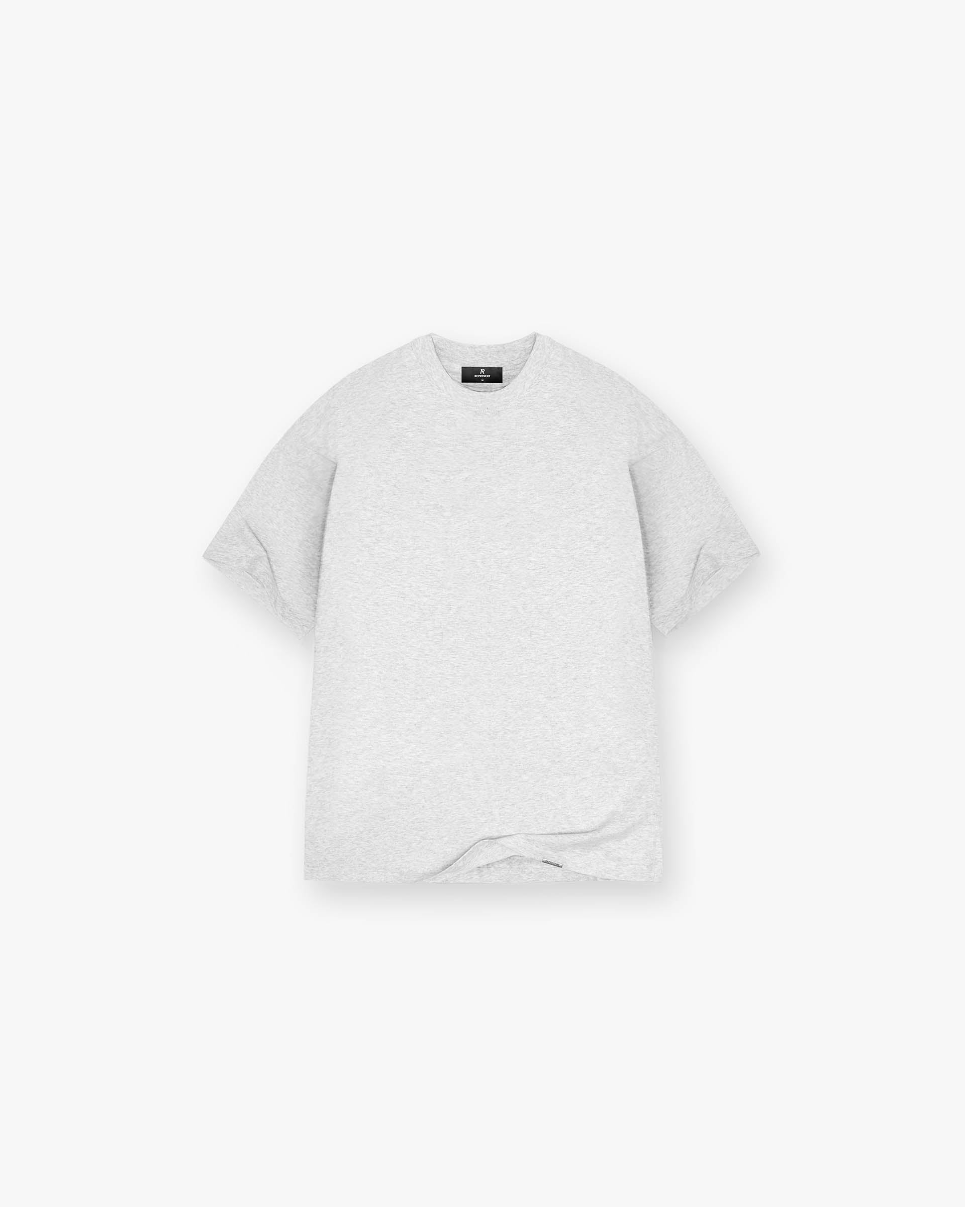 Front product image of a mens grey t-shirt on a plain white background | Initial Oversized T-Shirt in Ice Grey Marl | Oversized fit t-shirt with Owners Club print | Initial T-Shirts | Represent Clo