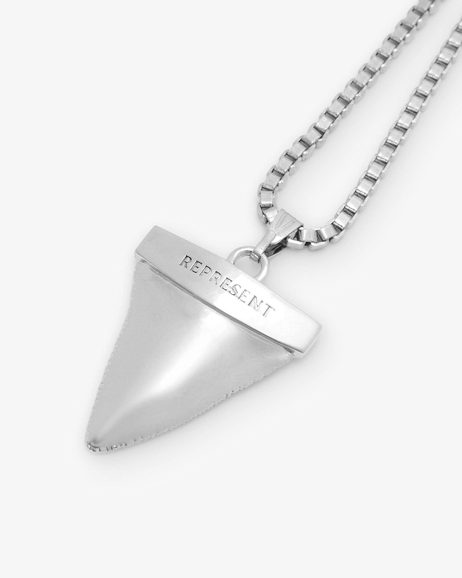Back product image of a mens silver necklace on a plain white background | Shark Tooth Necklace in Silver | Sterling silver necklace with rolo link chain | PRE SS25 Accessories | Represent Clo