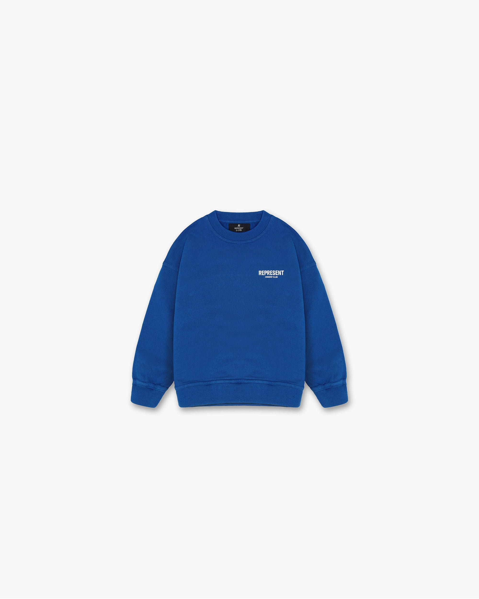 Back product image of a kids blue sweater on a plain white background | Represent Mini Owners Club Sweater in Cobalt | Heavy weight jersey cotton sweater with branding | Owners Club Sweaters | Represent Clo