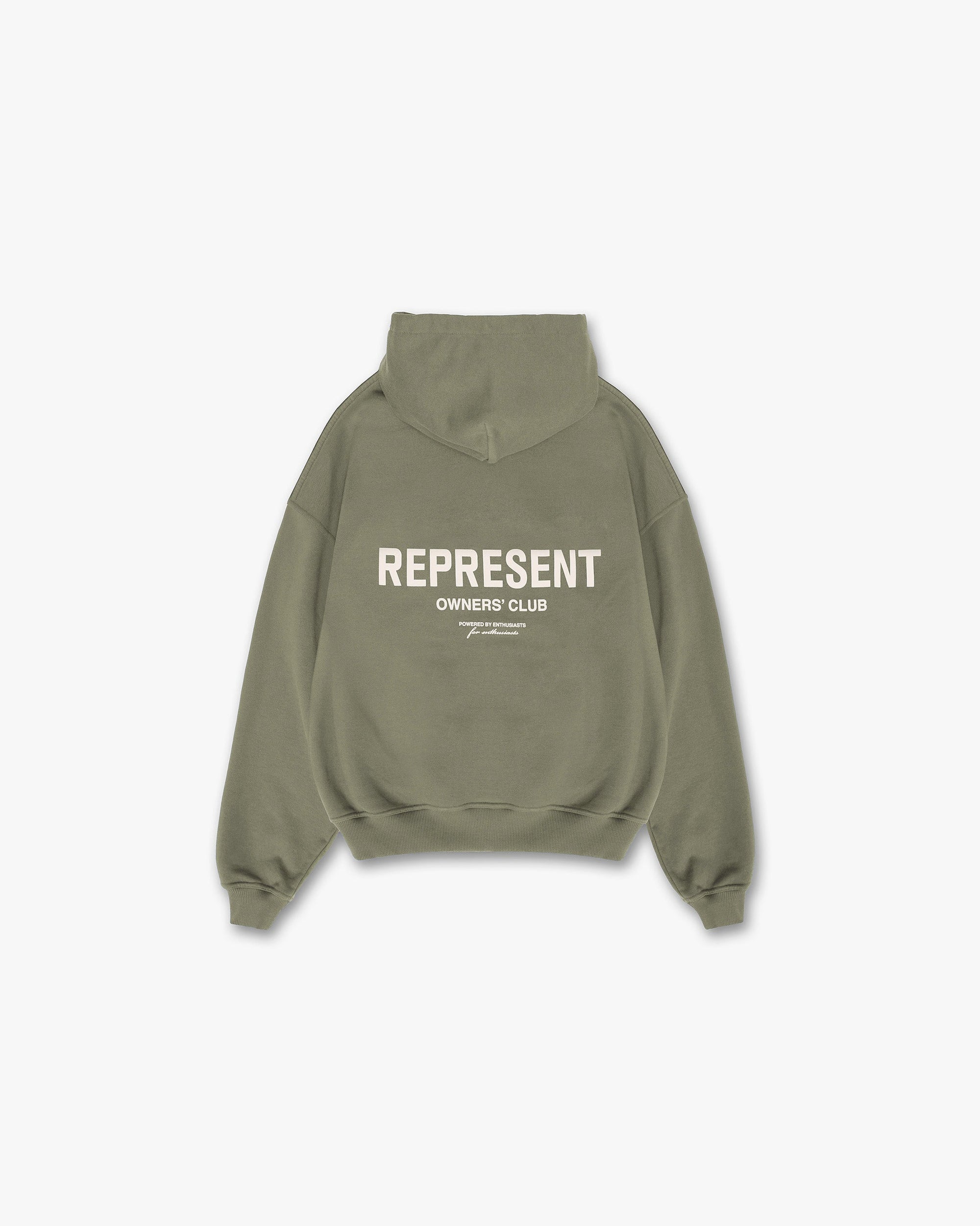 Front product image of a womens olive hoodie on a plain white background | Represent Owners Club Hoodie in Olive | Relaxed fit hoodie | Owners Club Hoodies | Represent Clo