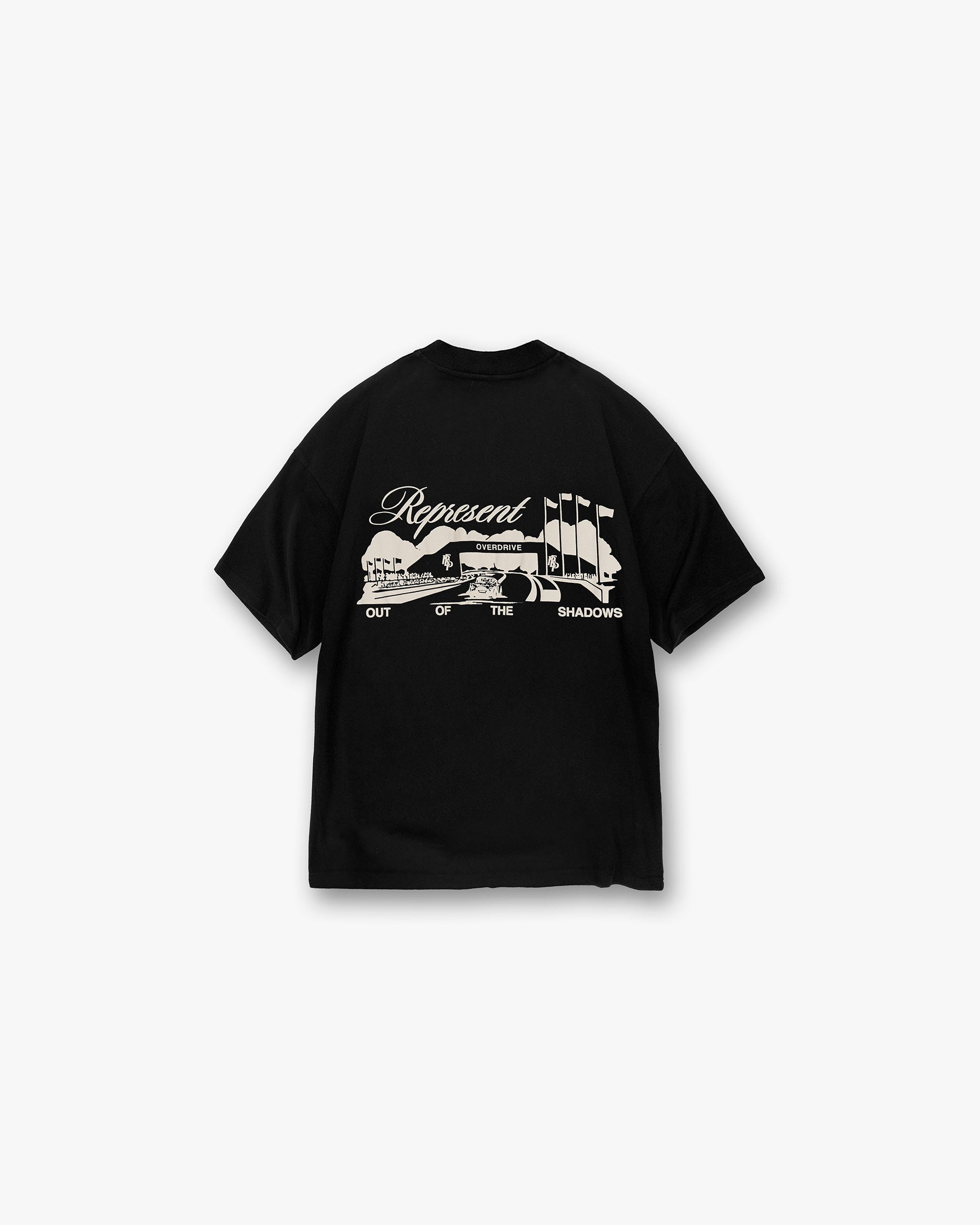 Back product image of a mens black t-shirt on a plain white background | Raceway T-Shirt in Jet Black | Slightly oversized t-shirt with puff print graphic | SS25 T-Shirts | Represent Clo