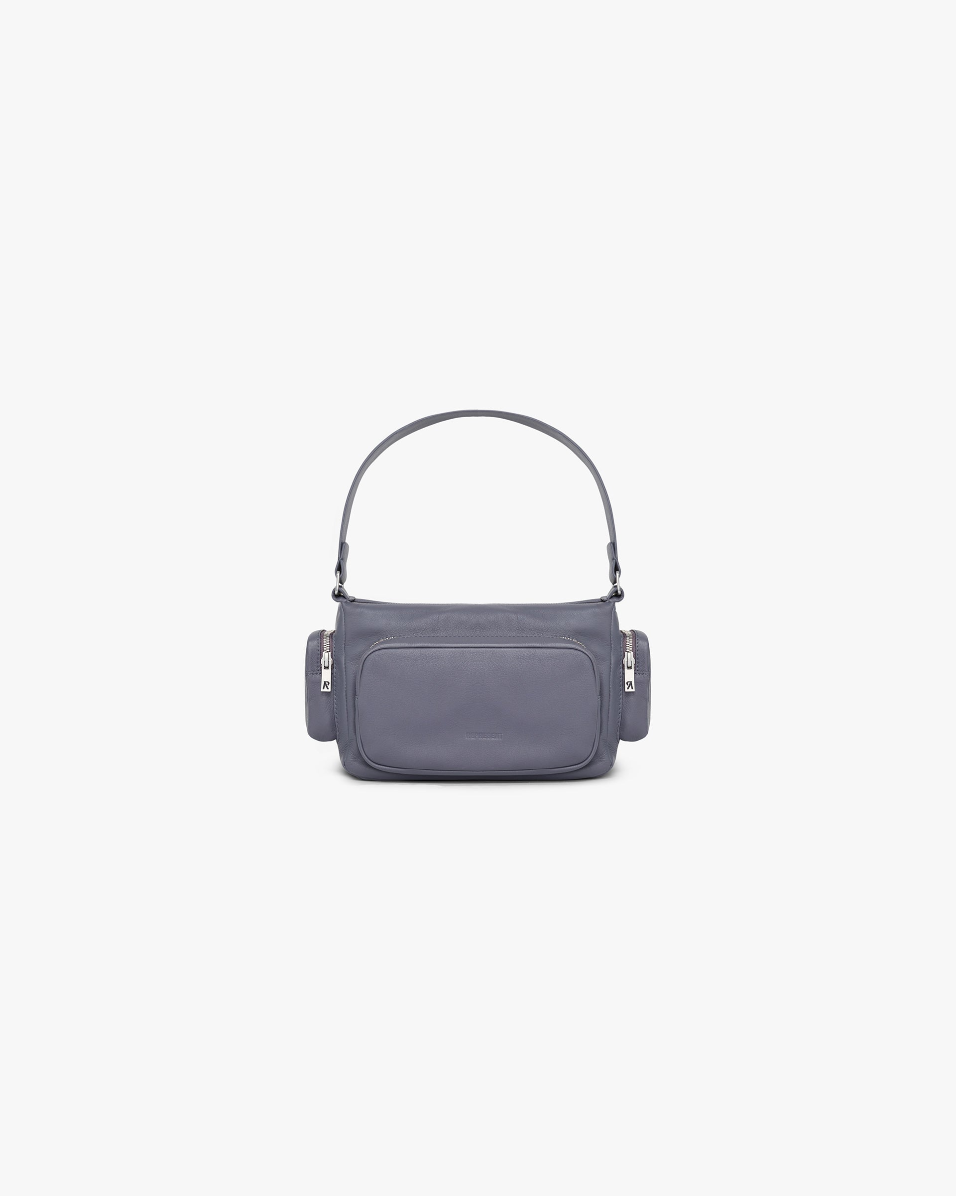 Front product image of a womens grey shoulder bag on a plain white background | Utility Shoulder Bag in Excalibur | Utility shoulder bag with multiple compartments | Womens SS25 Accessories | Represent Clo