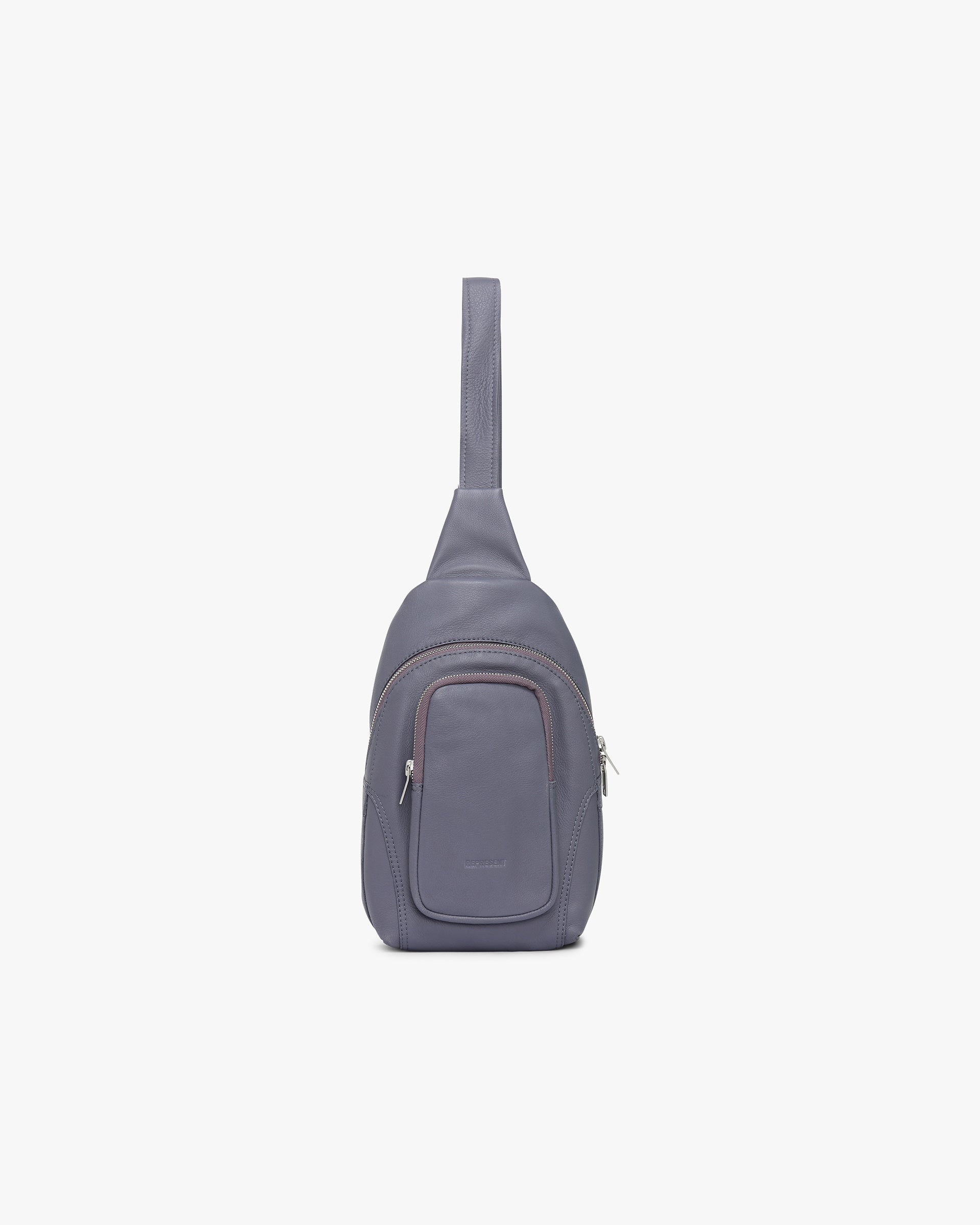 Front product image of a womens grey utility sling bag on a plain white background | Utility Sling Bag in Excalibur | Functional design with secure compartments | Womens SS25 Accessories | Represent Clo