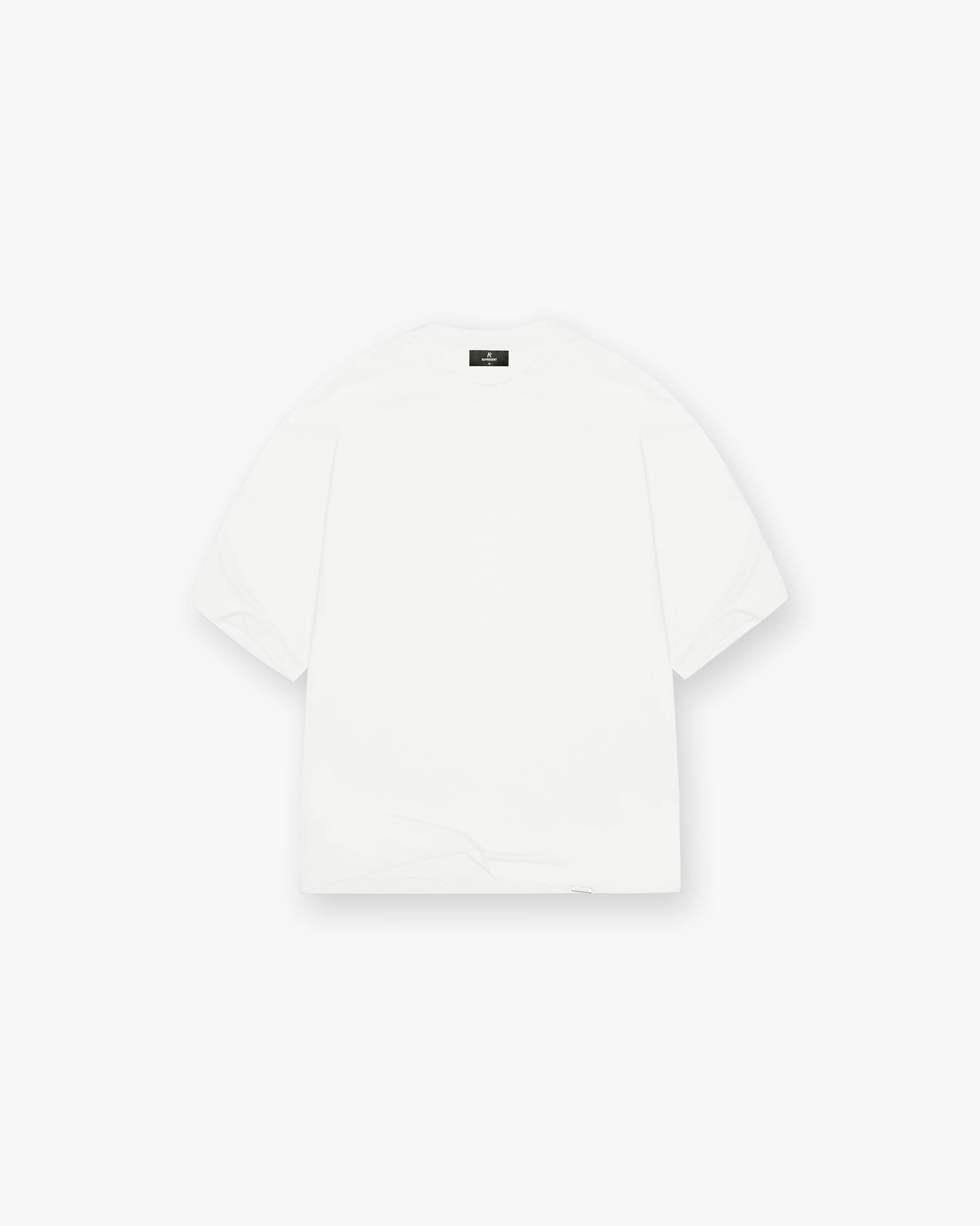 Front product image of a mens white t-shirt on a plain white background | Initial Boxy T-Shirt in Flat White | Boxy fit t-shirt with external overlock seams | Initial T-Shirts | Represent Clo