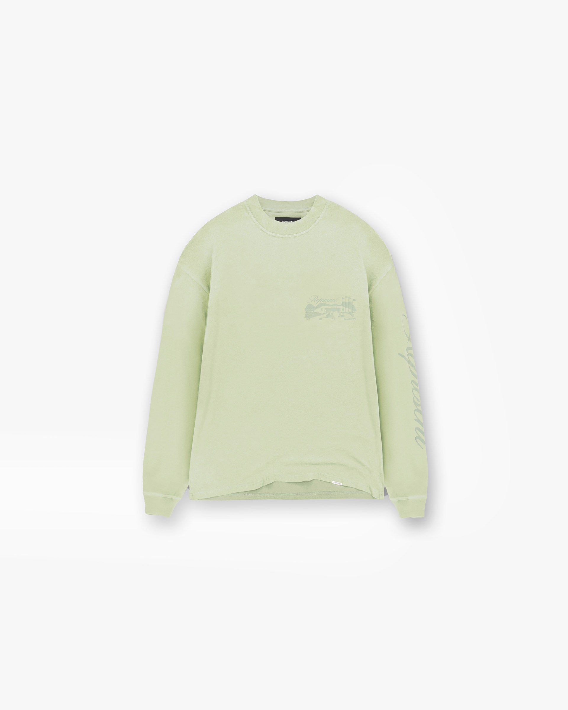 Front product image of a mens green long sleeve t-shirt on a plain white background | Raceway Long Sleeve T-Shirt in Matcha | Oversized long sleeve t-shirt with screen print | SS25 T-Shirts | Represent Clo