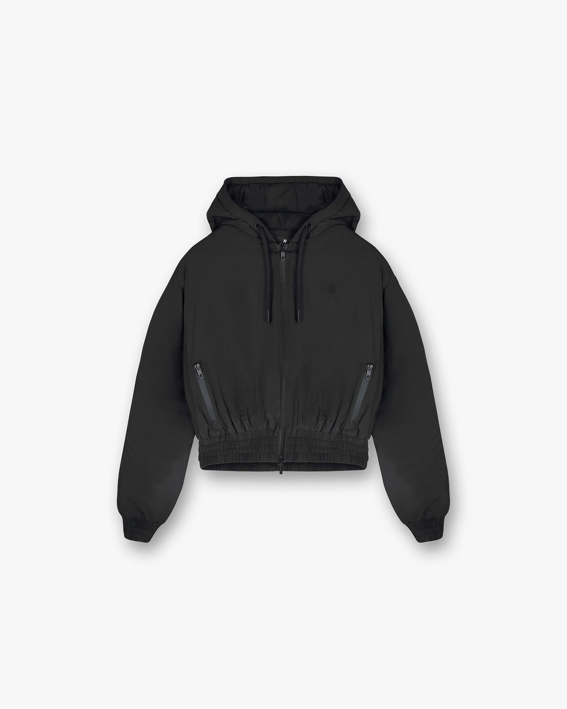 Front product image of a womens black jacket on a plain white background | Underground Jacket in Jet Black | Eco polyester blend outerwear | SS25 Outerwear | Represent Clo