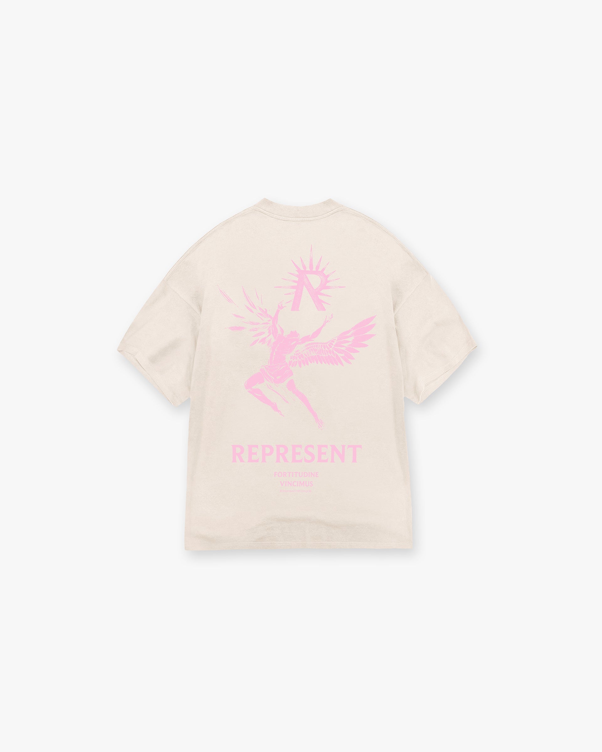 Back product image of a mens white t-shirt on a plain white background | Icarus T-Shirt in Pearl | Oversized fit t-shirt with Icarus graphic | SS24 T-Shirts | Represent Clo