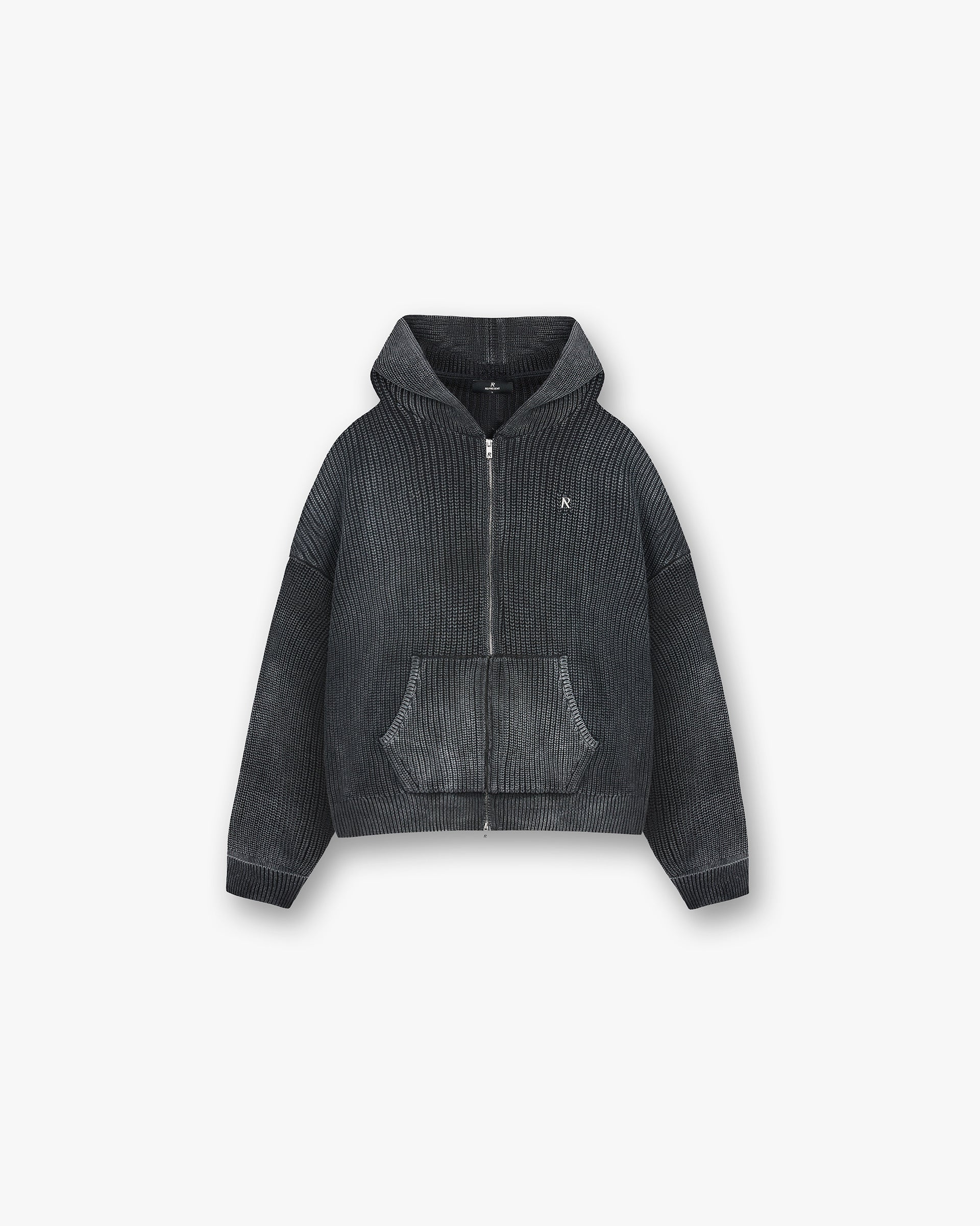 Front product image of a mens black hoodie on a plain white background | Ribbed Zip Through Hoodie in Jet Black | Knitwear with ribbed design and full zip | PRE SS25 Knitwear | Represent Clo