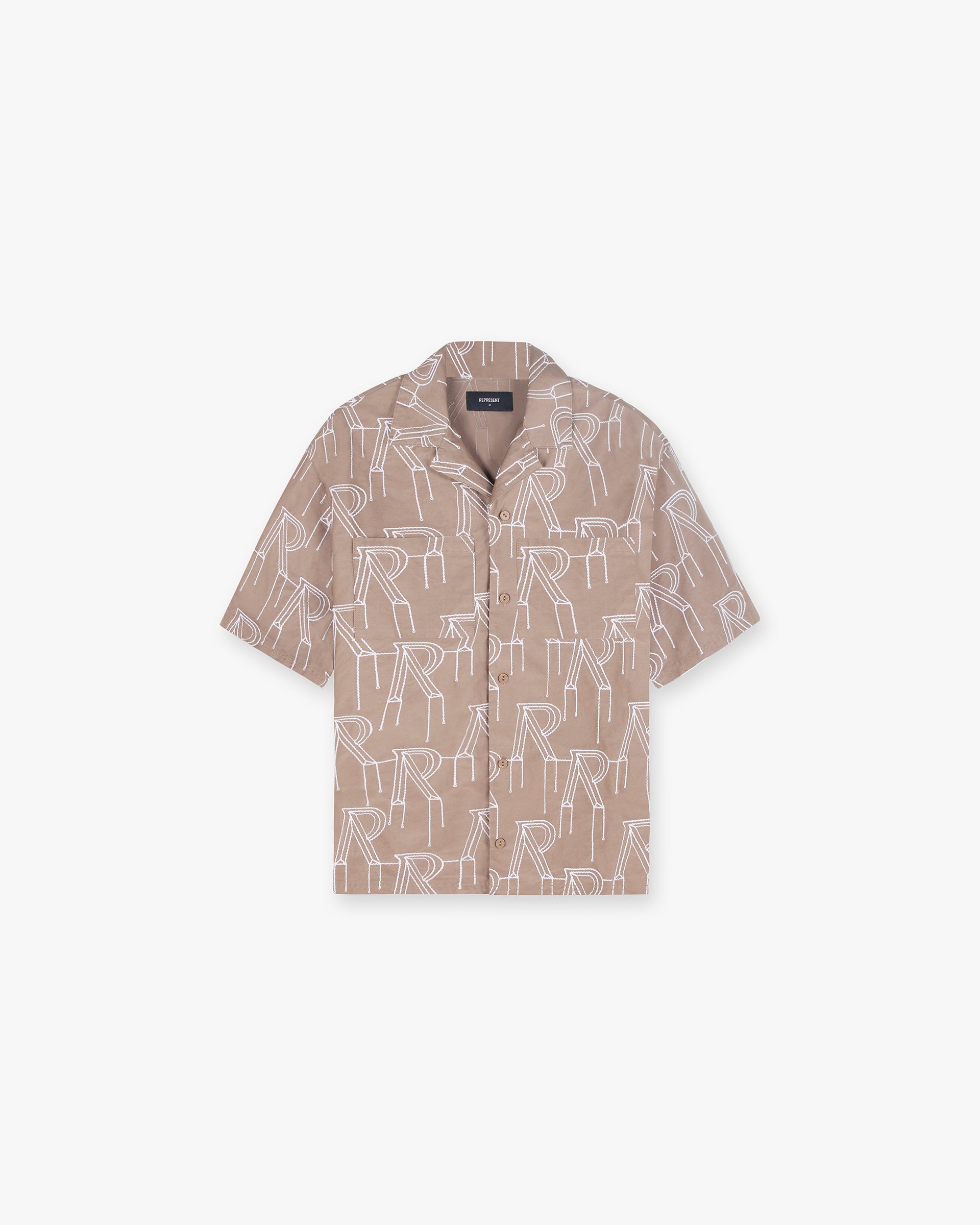 Front product image of a mens taupe overshirt on a plain white background | Embroidered Initial Overshirt in Washed Taupe | Overshirt with embroidered initials | SS24 Shirts | Represent Clo