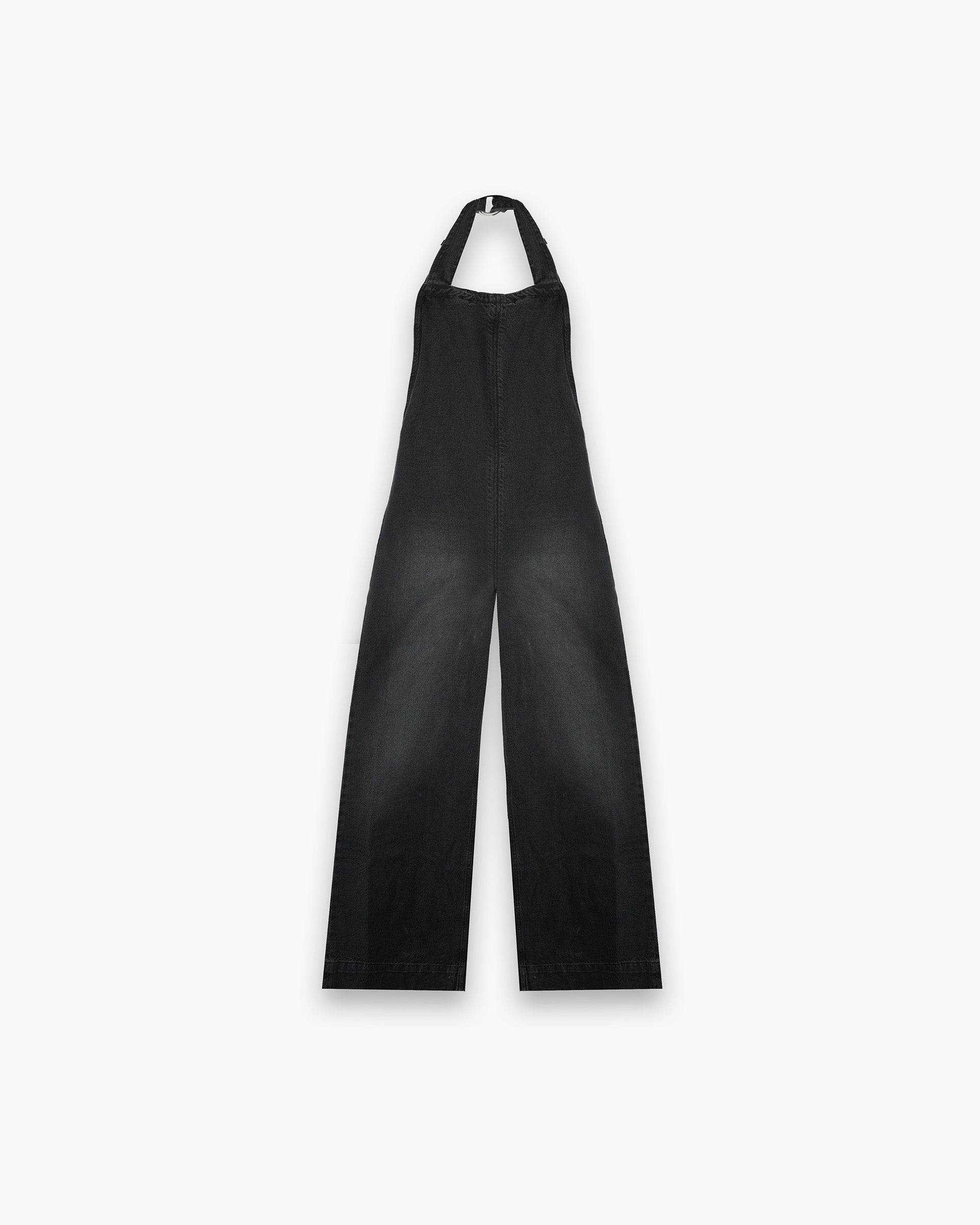 Front product image of a womens washed black denim jumpsuit on a plain white background | Voltage Denim Jumpsuit in Washed Black | Denim jumpsuit with structured design | Womens SS25 Denim | Represent Clo