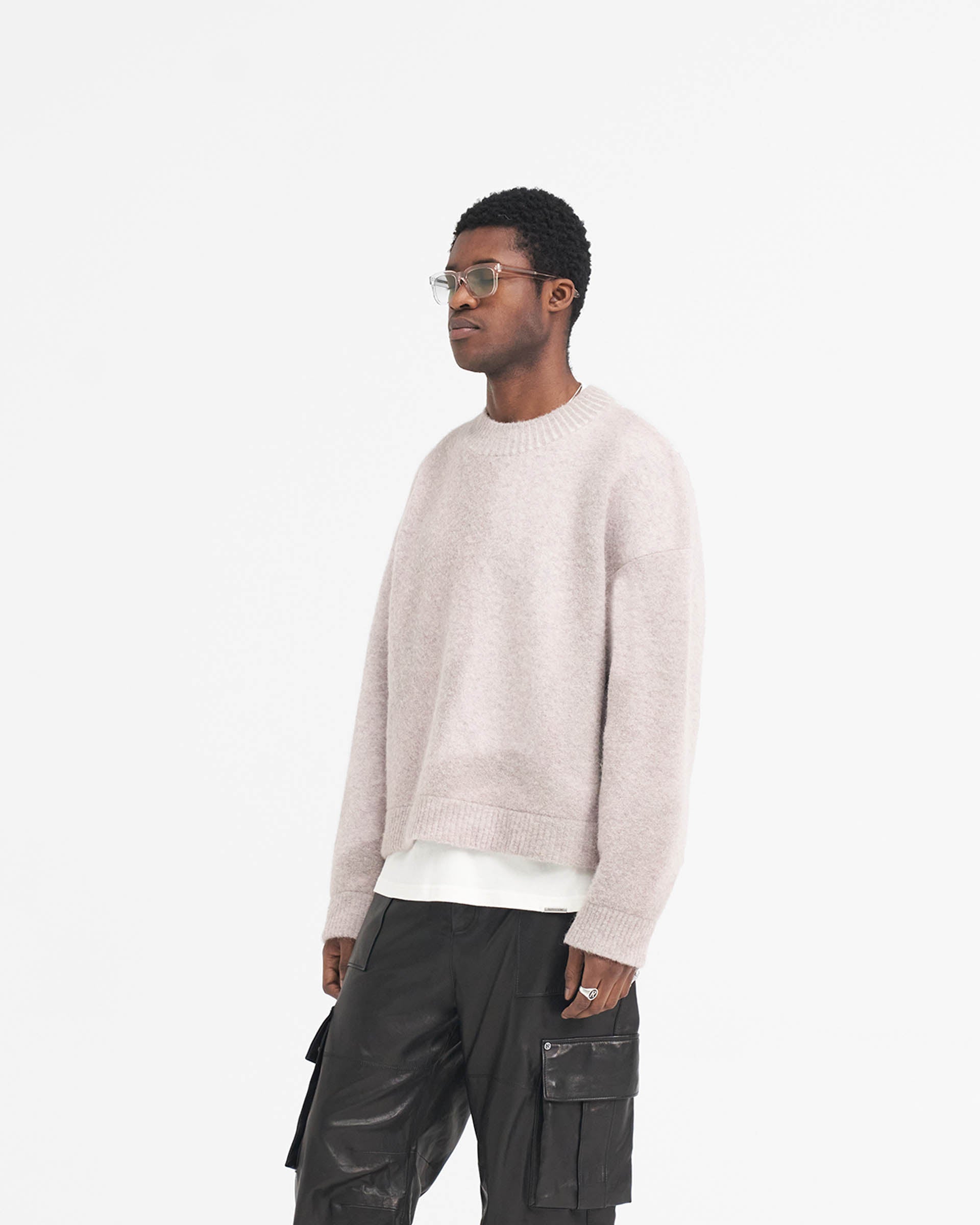 Back product image of a mens taupe sweater on a plain white background | Sprayed Horizons Sweater in Washed Taupe | Oversized sweater with ribbed hem and cuffs | SS24 Knitwear | Represent Clo