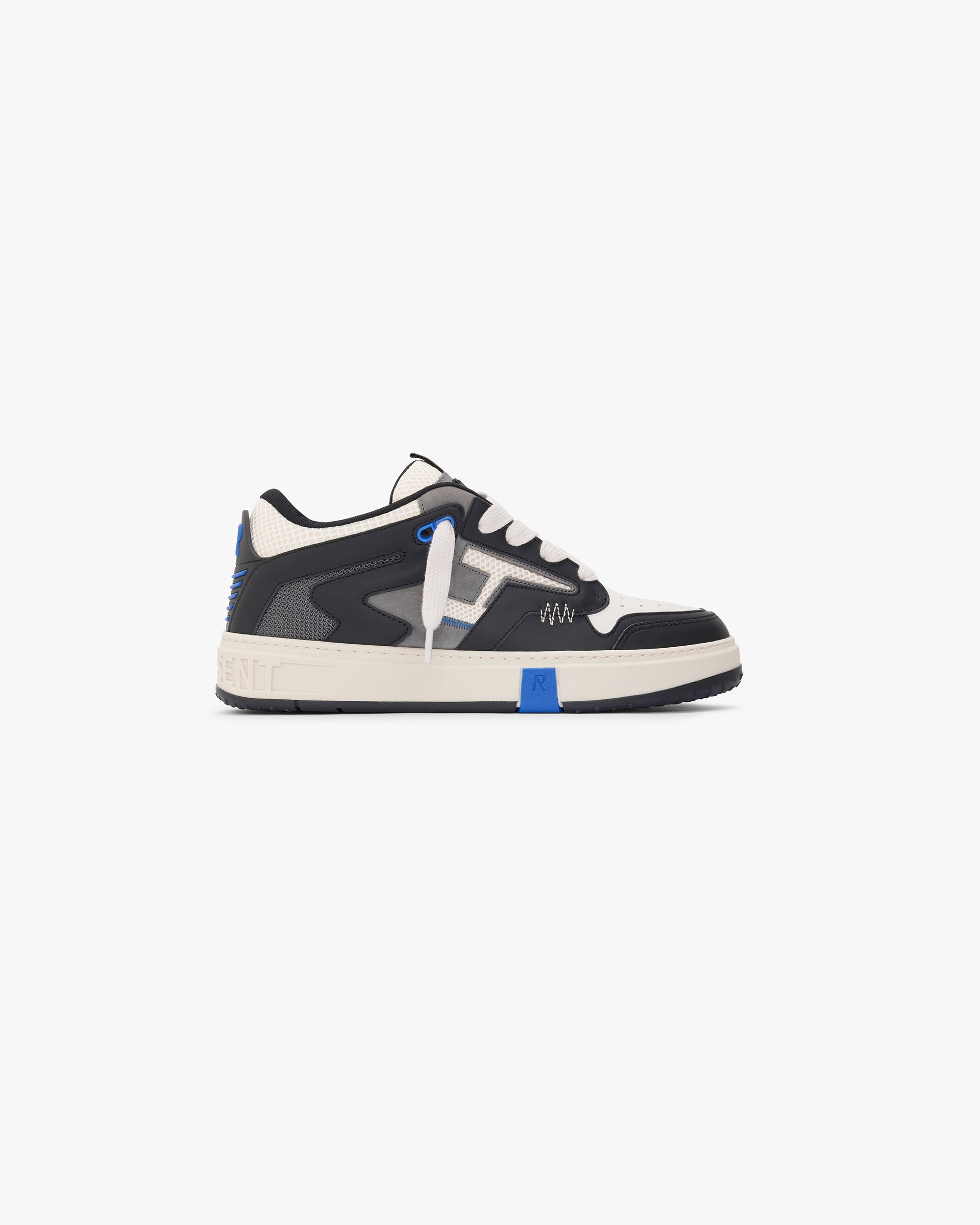Front product image of mens black and white footwear on a plain white background | Reptor 2 in Black Vintage White | Luxe sneakers with screen print detailing | FW24 Footwear | Represent Clo
