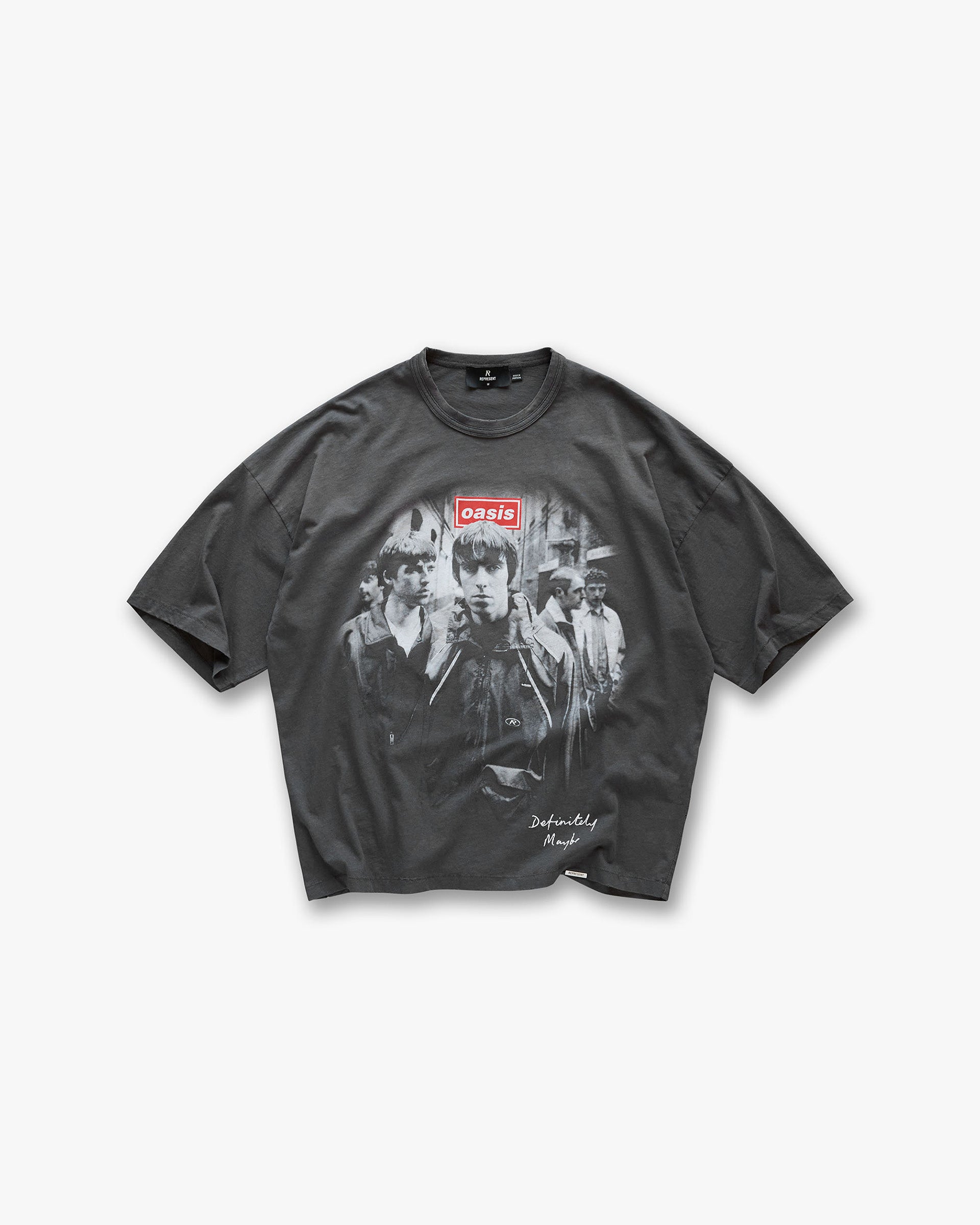 Front product image of a mens black t-shirt on a plain white background | Represent X Oasis Definitely Maybe T-Shirt in Washed Black | Graphic t-shirt with stepped hem and vintage look | FW24 T-Shirts | Represent Clo