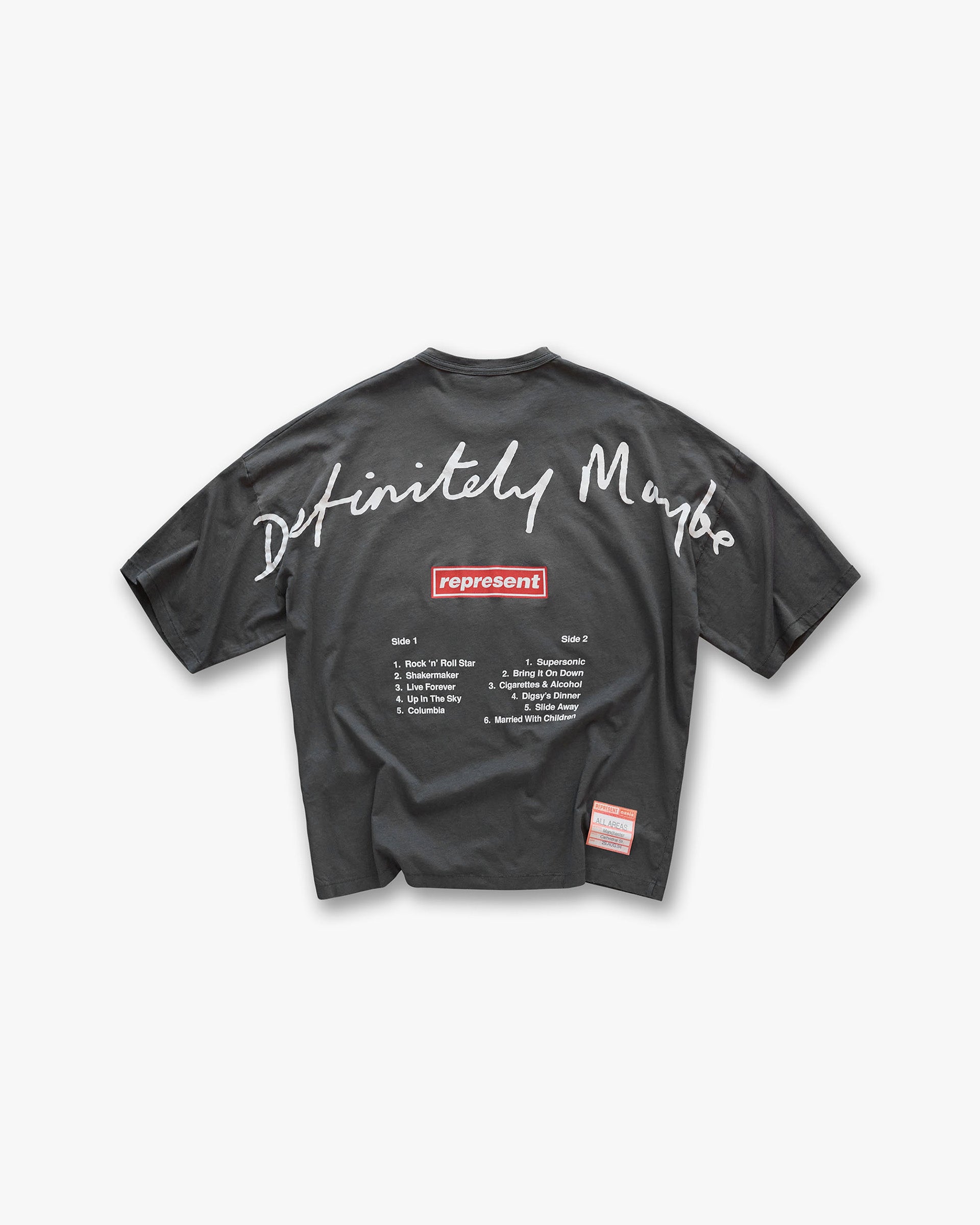 Back product image of a mens grey t-shirt on a plain white background | Represent X Oasis Definitely Maybe T-Shirt in Washed Black | Oversized boxy fit with distressed details and iconic Oasis graphics | FW24 T-Shirts | Represent Clo