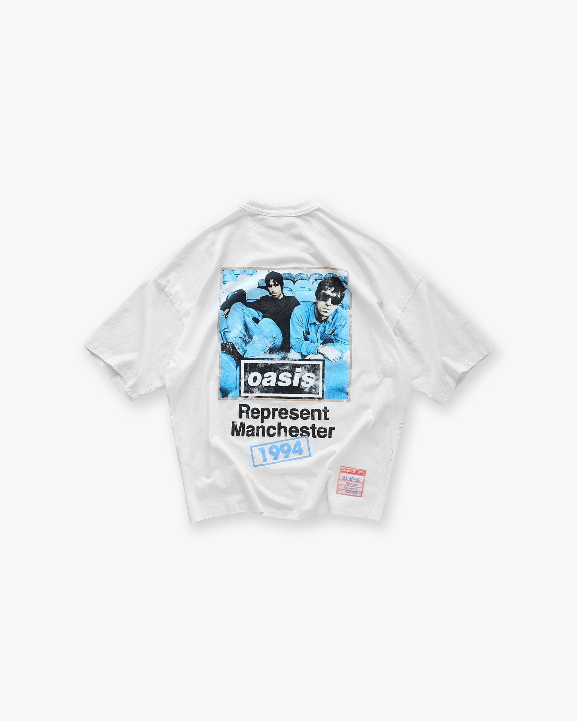 Back product image of a mens white t-shirt on a plain white background | Represent X Oasis Maine Road T-Shirt in Flat White | Distressed details with iconic Oasis imagery | FW24 T-Shirts | Represent Clo