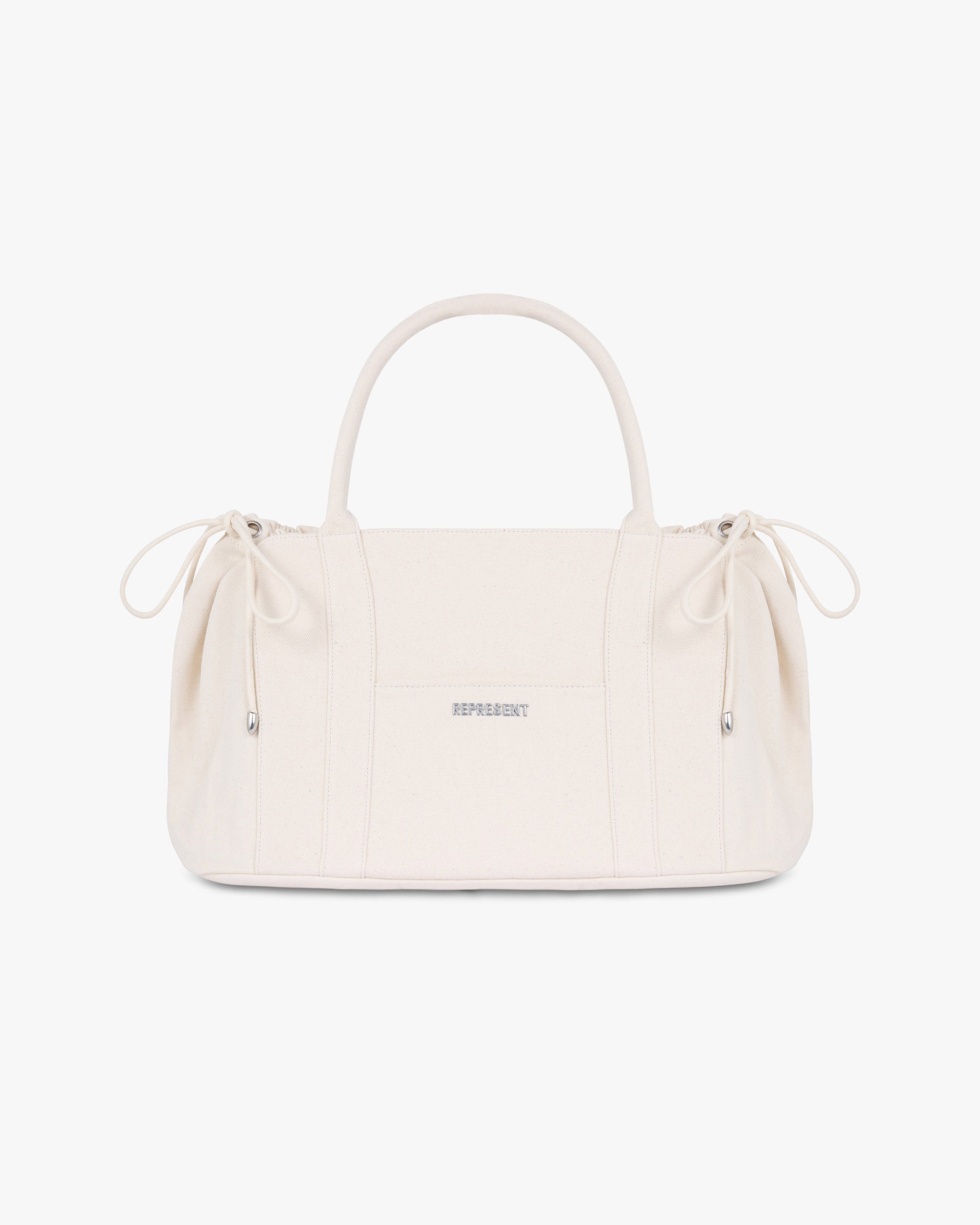 Front product image of a mens white canvas bag on a plain white background | Canvas Holdall in Antique White | Durable canvas bag with spacious interior | SS25 Accessories | Represent Clo