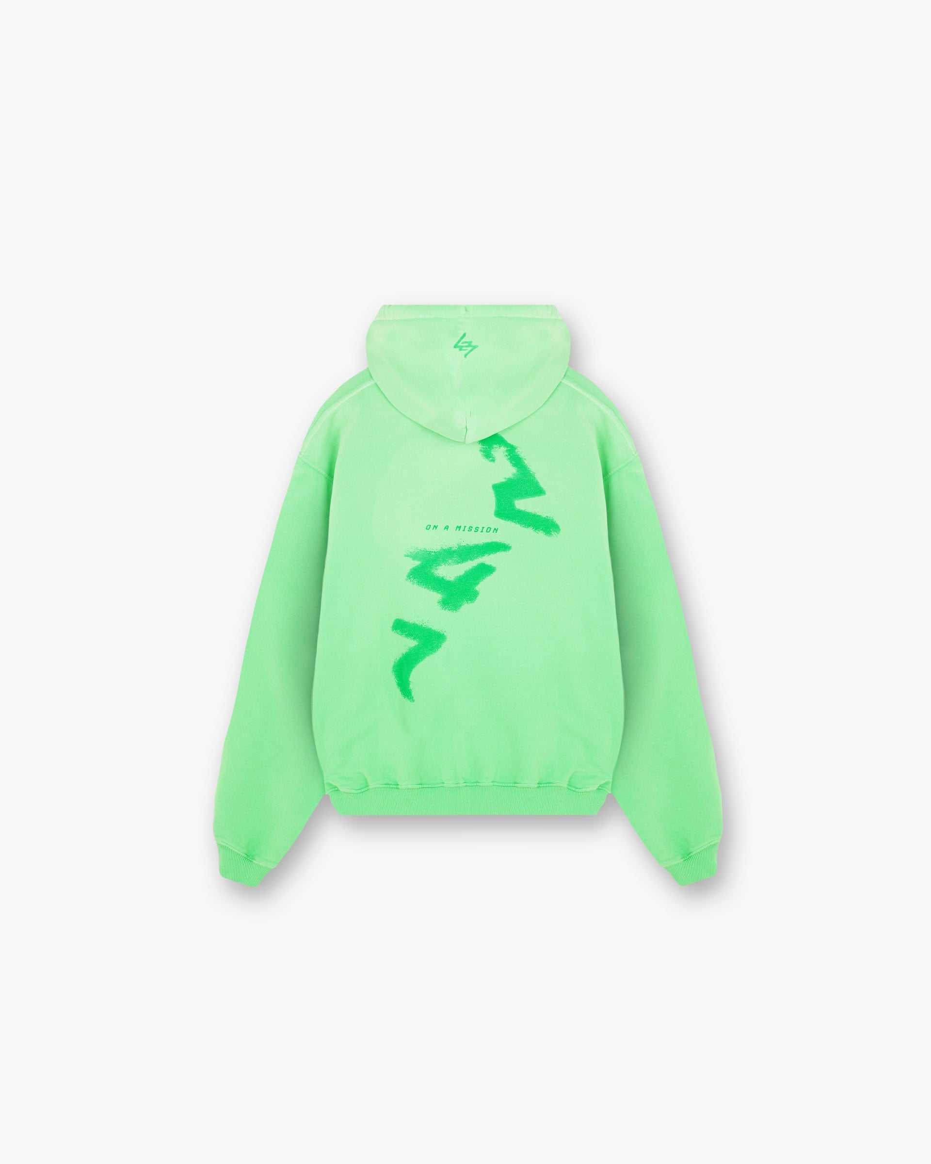 Back product image of a mens green hoodie on a plain white background | 247 Motion Oversized Hoodie in Speed Green | Oversized hoodie with ribbed hem and cuffs | 247 Hoodies | Represent Clo