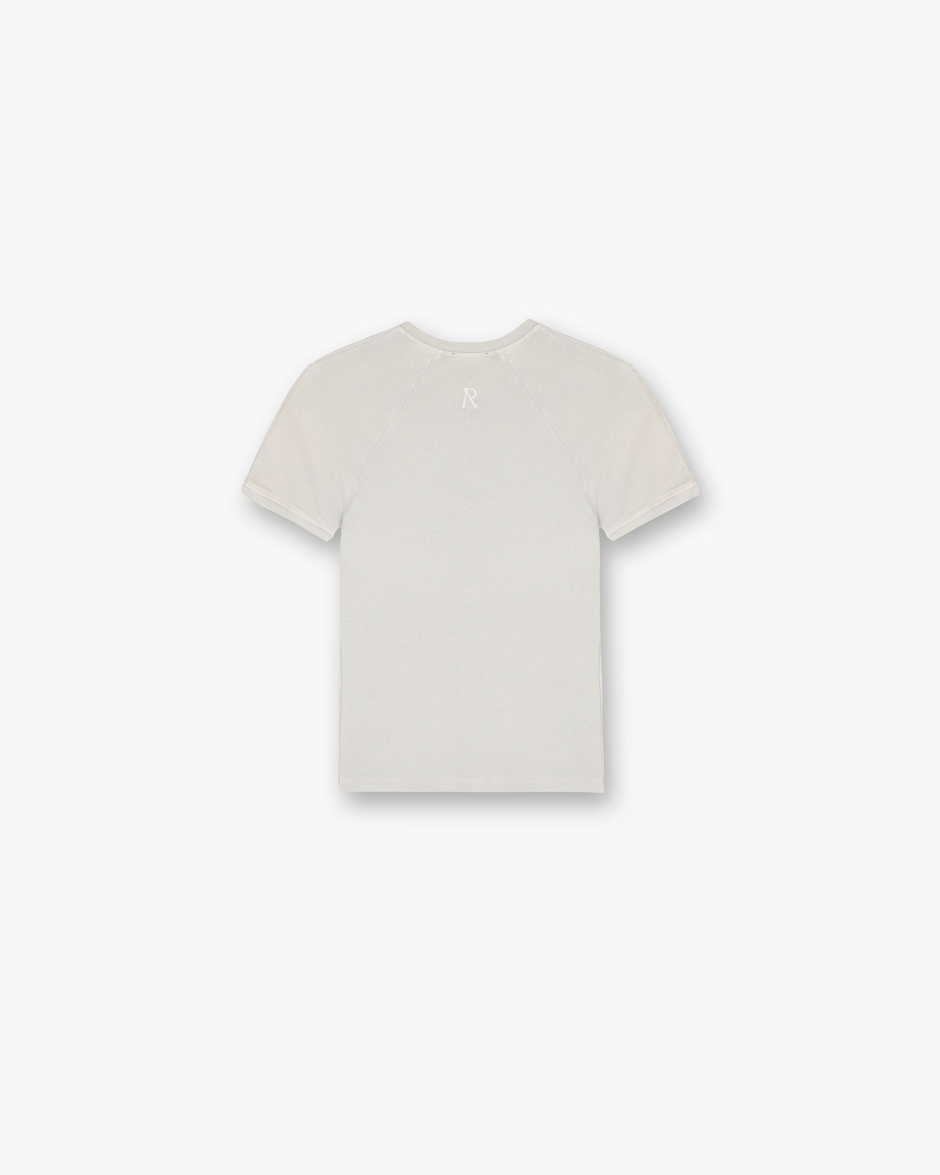 Back product image of a womens grey t-shirt on a plain white background | Initial Rib Baby T-Shirt in Storm | Cropped t-shirt with raglan seams and high build embroidery | Womens Initial Tops | Represent Clo
