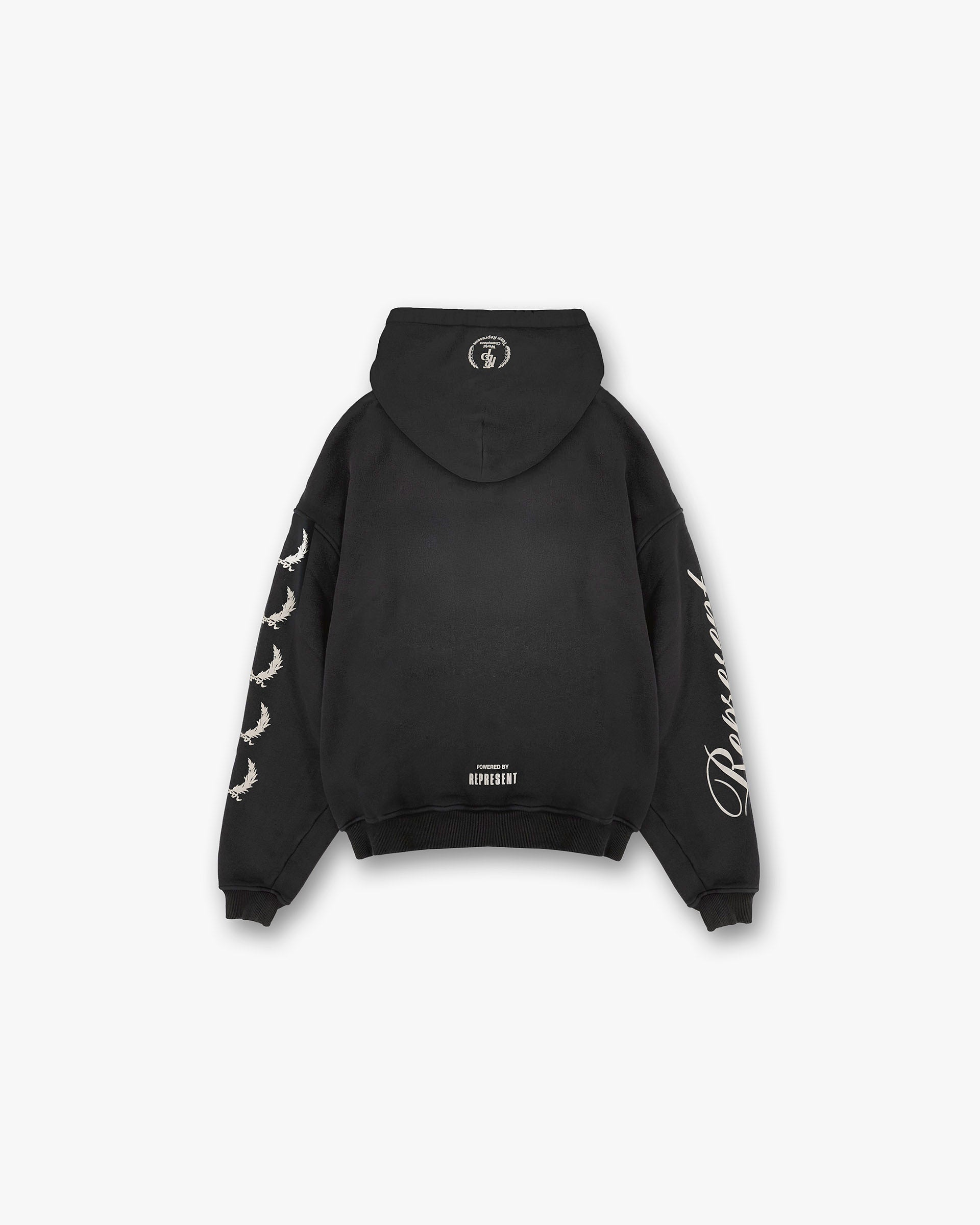 Back product image of a mens black hoodie on a plain white background | World Championship Hoodie in Stained Black | Oversized boxy fit hoodie with fade out spray and metal bar | SS25 Hoodies | Represent Clo