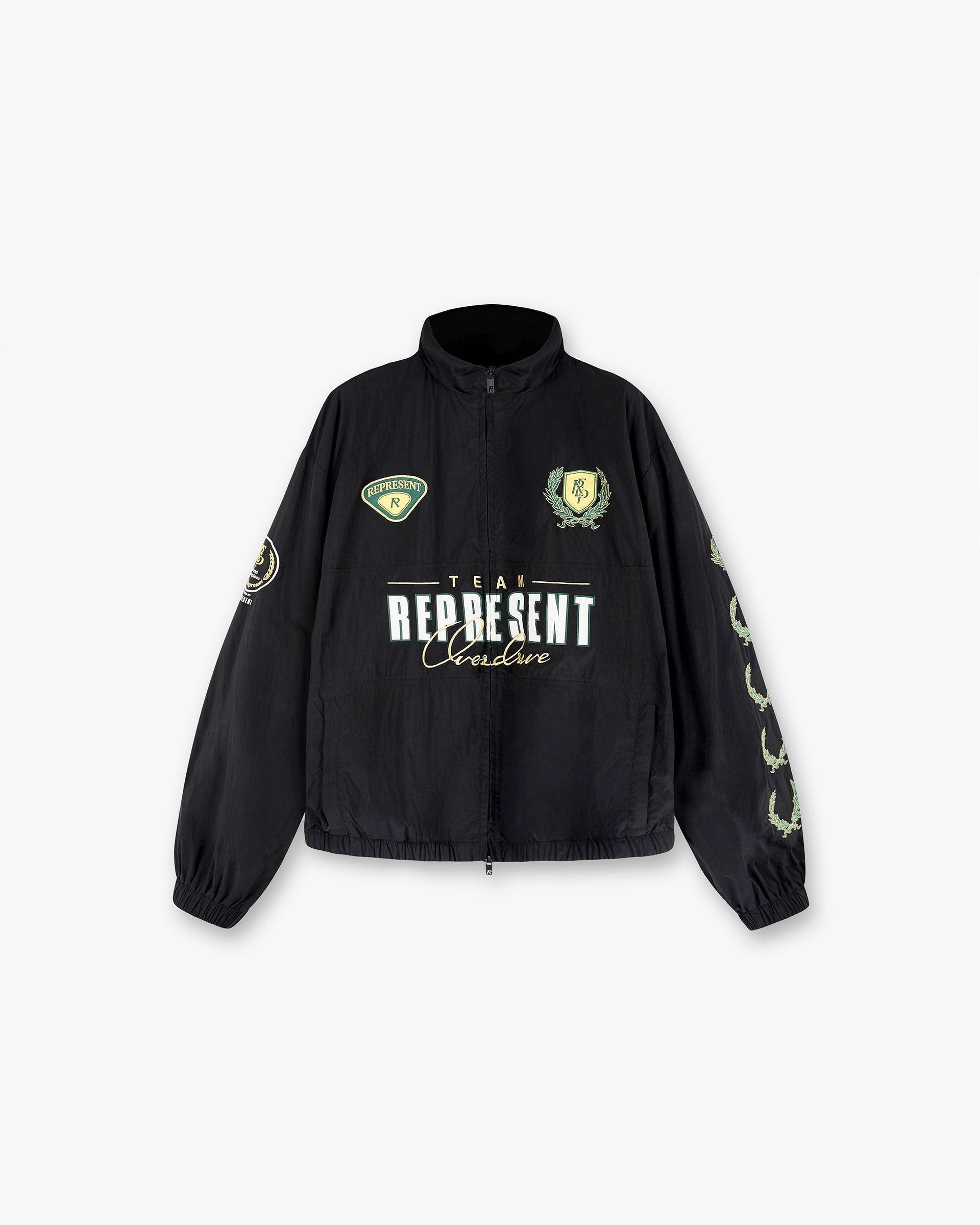 Front product image of a mens black track jacket on a plain white background | World Championship Track Jacket in Black | Lightweight track jacket with zip front | SS25 Outerwear | Represent Clo