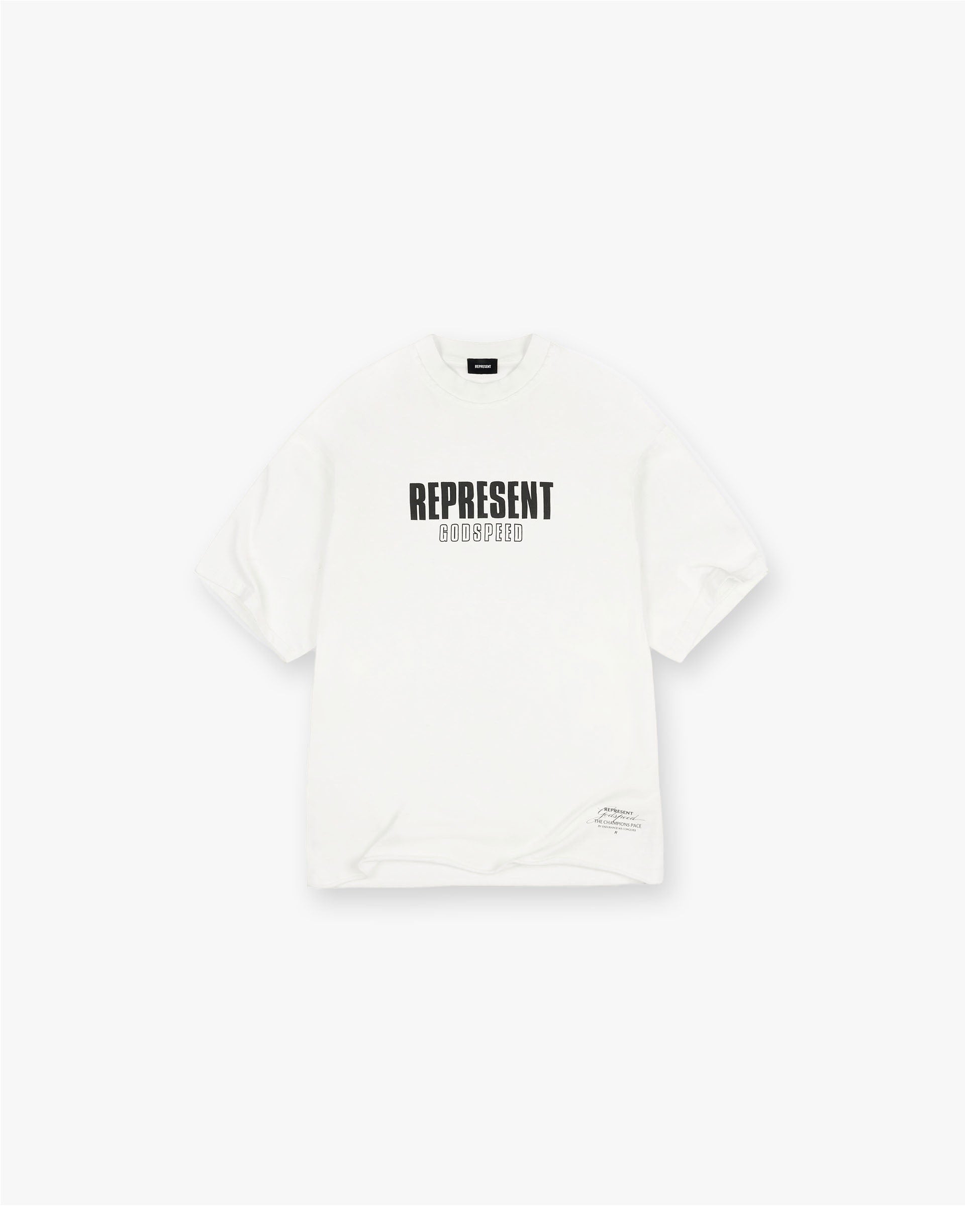 Front product image of a mens white t-shirt on a plain white background | Godspeed T-Shirt in Flat White | Slightly oversized t-shirt with graphic | FW24 T-Shirts | Represent Clo