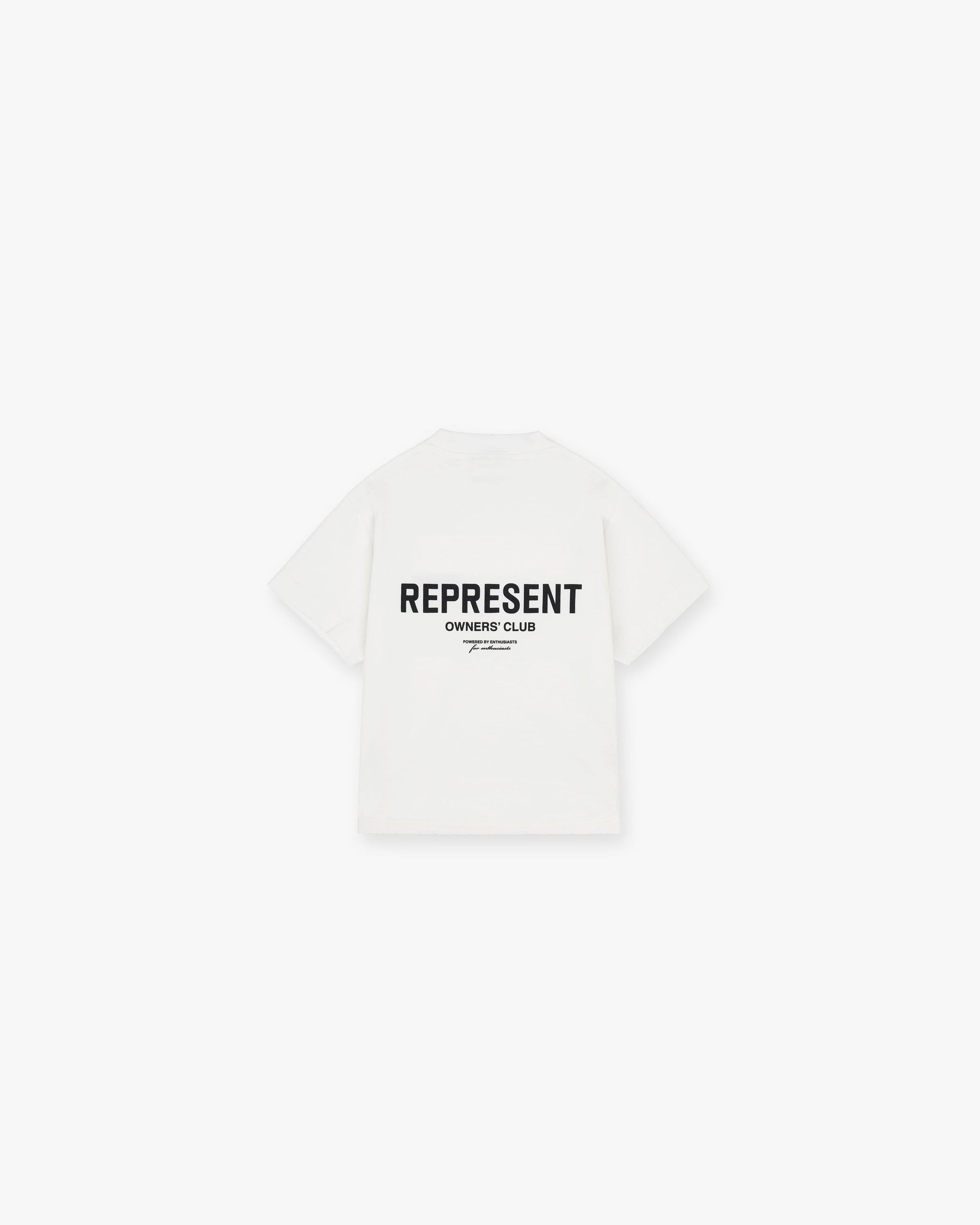Front product image of a kids white t-shirt on a plain white background | Represent Mini Owners Club T-Shirt in Flat White | Children's slightly oversized t-shirt | Owners Club T-Shirts | Represent Clo