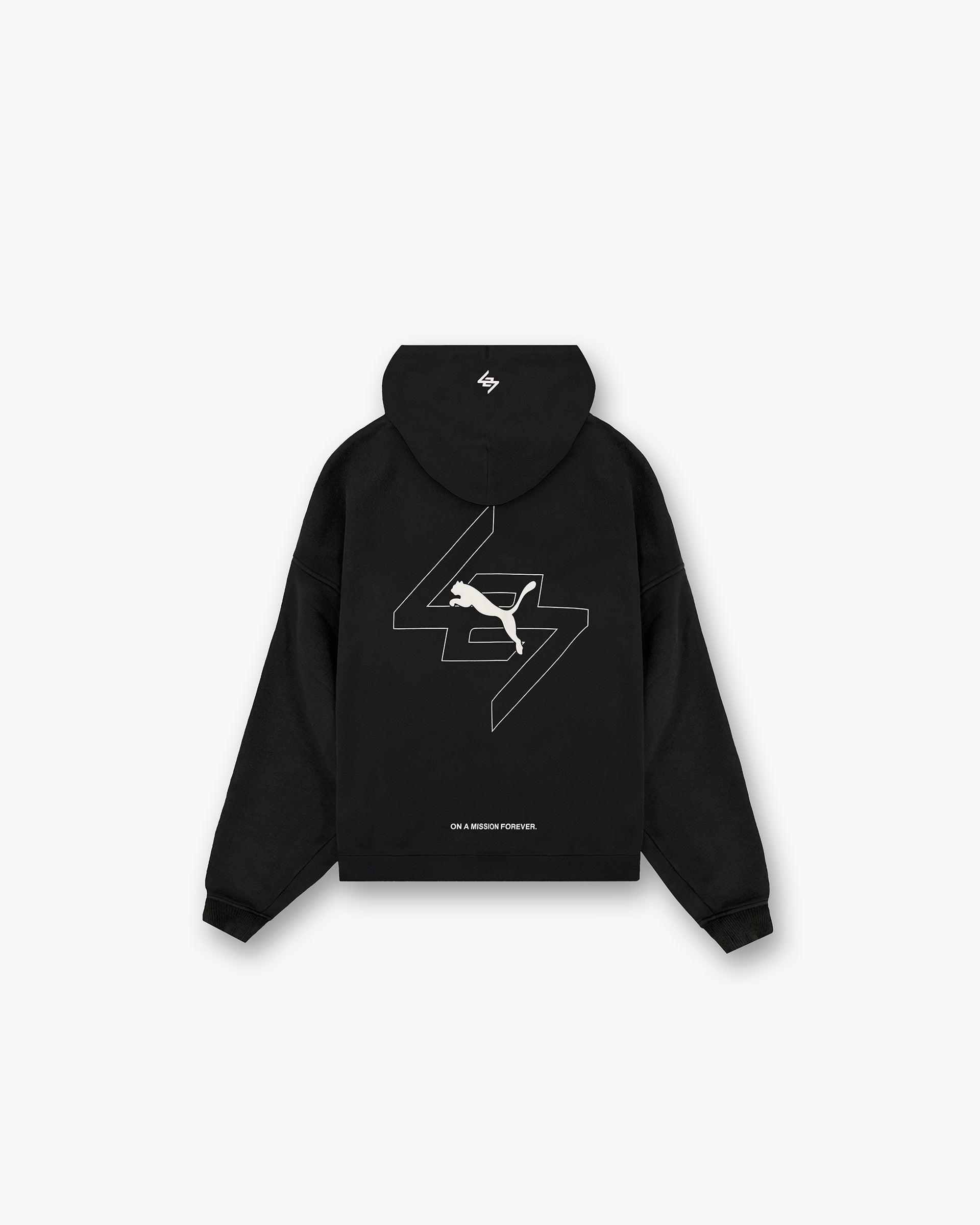 Back product image of a mens black hoodie on a plain white background | 247 X Puma Hoodie in Black | Relaxed fit hoodie with branding and drawcord hood | 247 Hoodies | Represent Clo