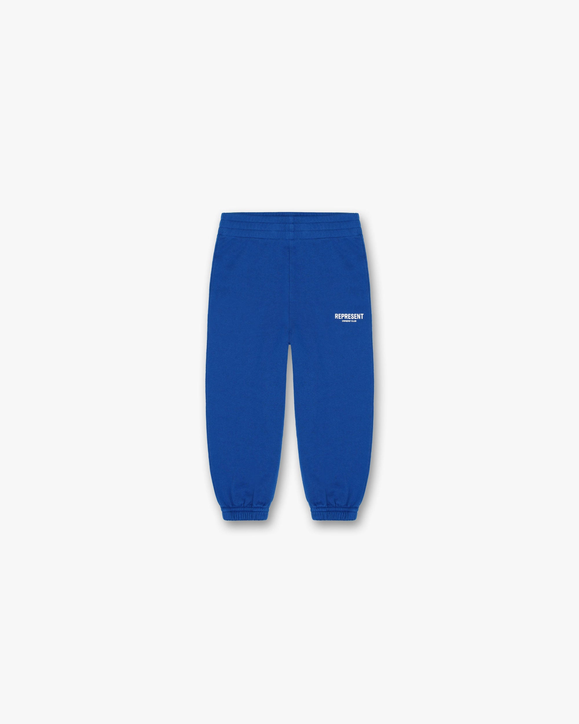 Front product image of a childs blue sweatpants on a plain white background | Represent Mini Owners Club Sweatpants in Cobalt | Kids sweatpants with comfortable fit | Owners Club Pants | Represent Clo