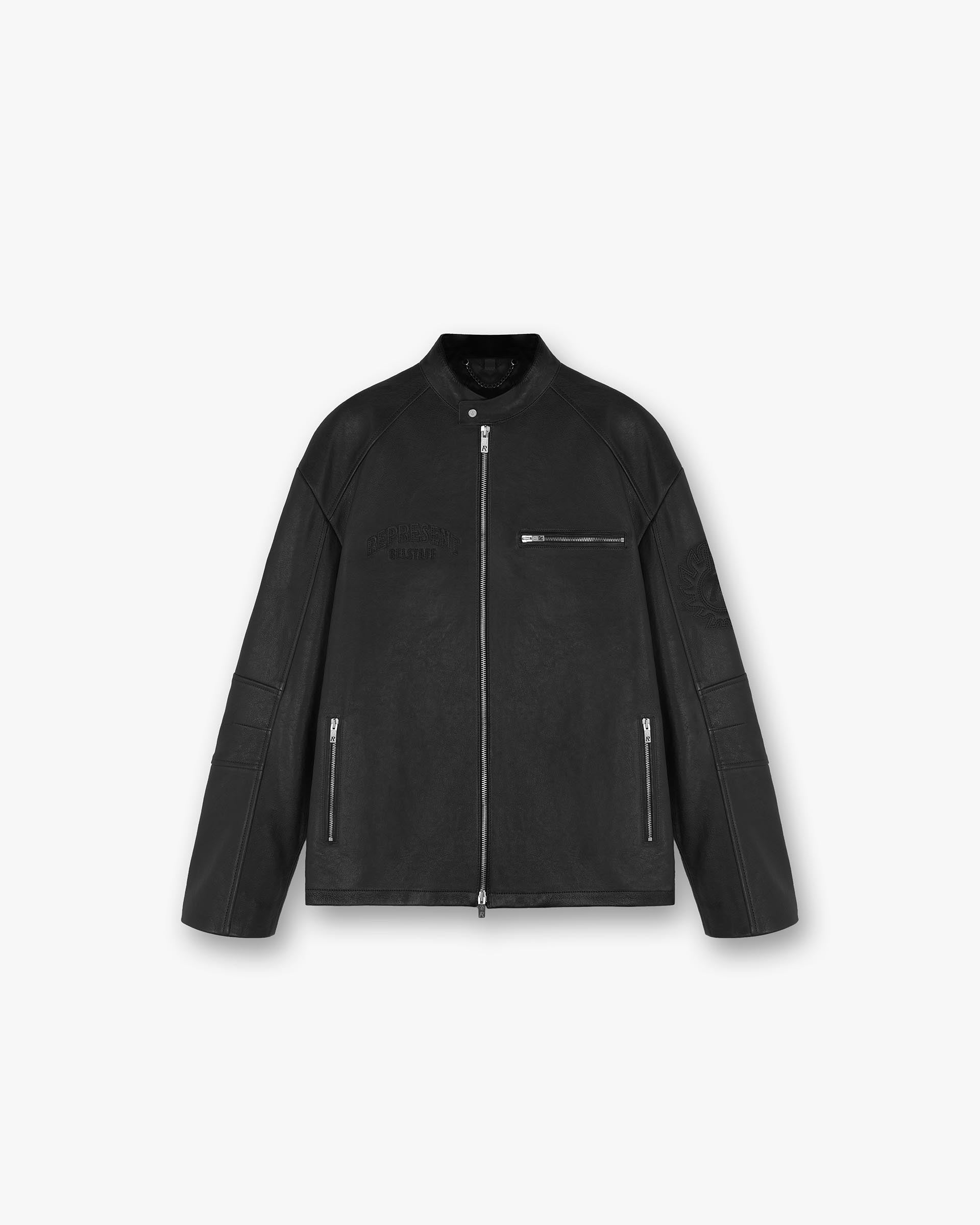 Front product image of a mens black leather jacket on a plain white background | Represent X Belstaff Race Leather Jacket in Black | Race style leather jacket | Exclusives Outerwear | Represent Clo