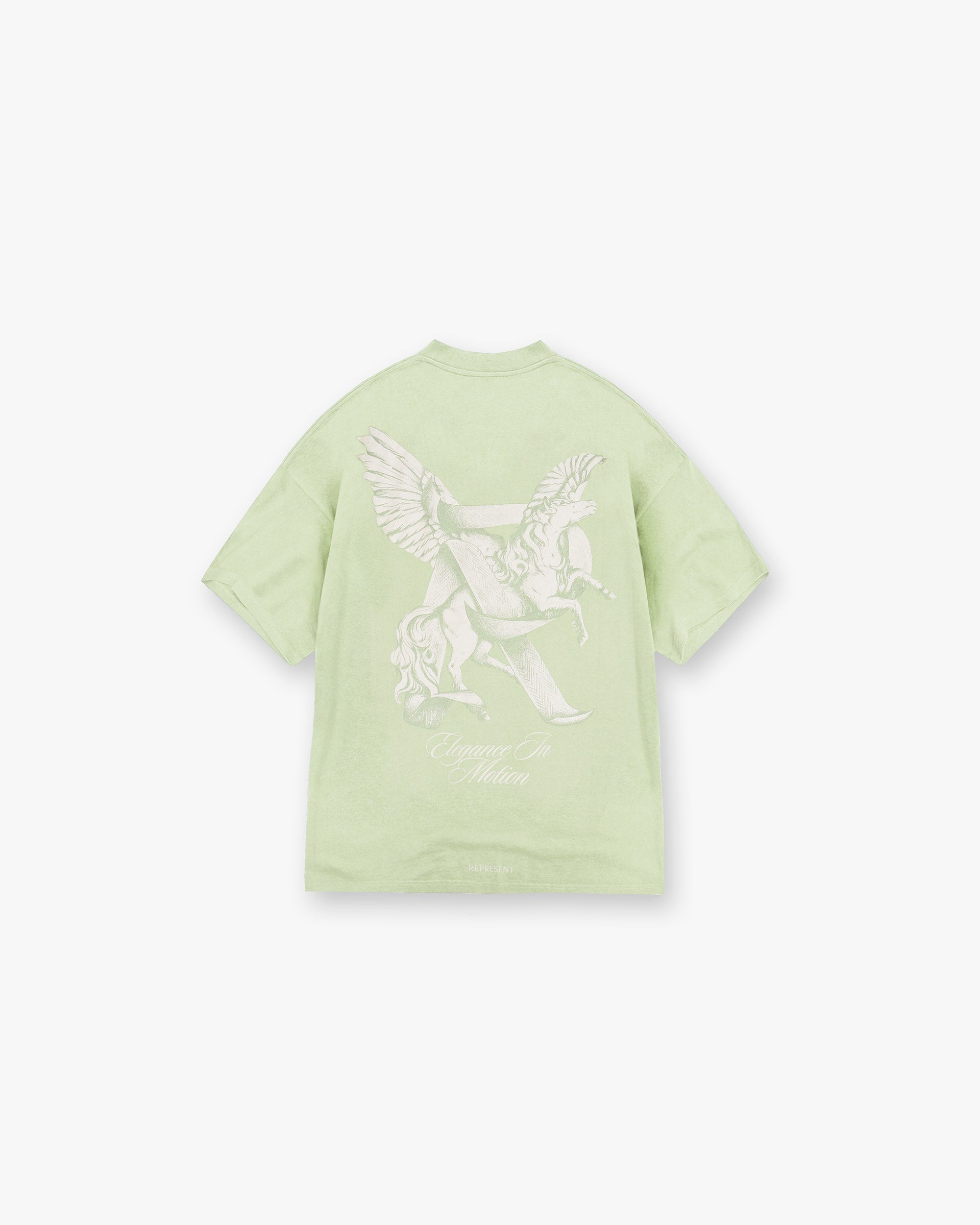 Back product image of a mens green t-shirt on a plain white background | Elegance In Motion T-Shirt in Matcha | Slightly oversized t-shirt with graphic | SS25 T-Shirts | Represent Clo