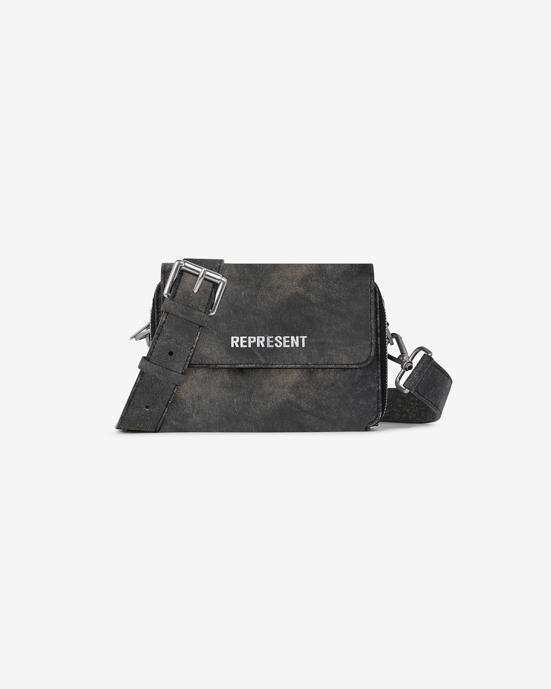 Front product image of a mens brown leather camera bag on a plain white background | Distressed Leather Camera Bag in Brown | Leather camera bag with a distressed finish | FW24 Accessories | Represent Clo