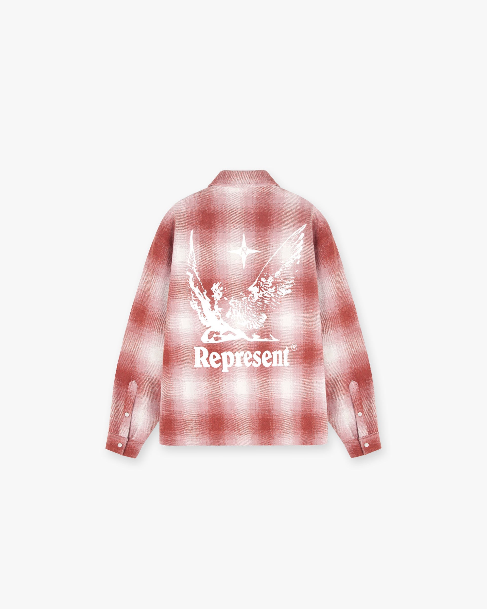 Back product image of a mens check flannel shirt on a plain white background | Spirits Of Summer Flannel Shirt in Sunrise | Flannel shirt with popper closures and chest pockets | SS24 Shirts | Represent Clo