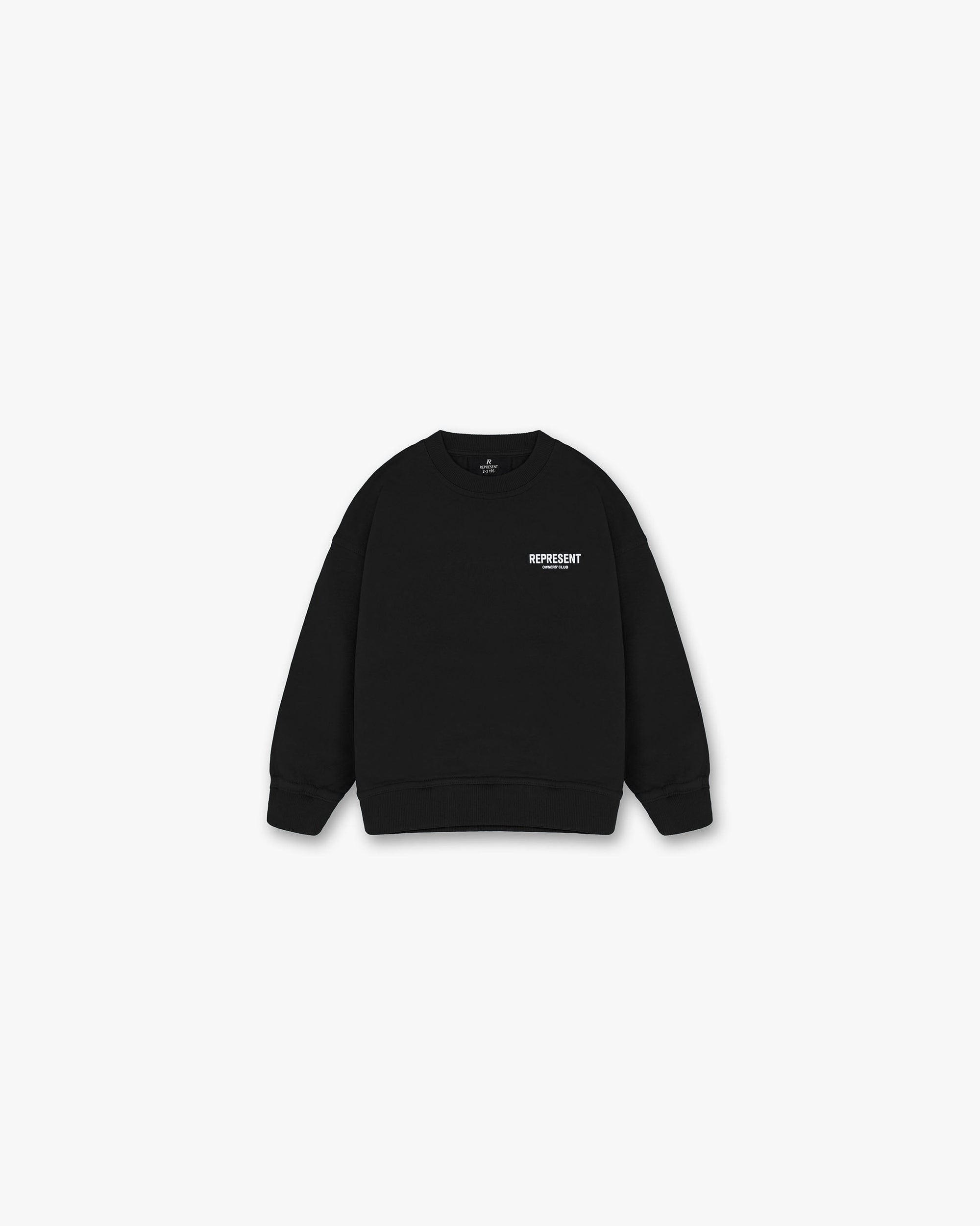 Back product image of a childs black sweater on a plain white background | Represent Mini Owners Club Sweater in Black | Oversized fit sweater with branding | Owners Club Sweaters | Represent Clo