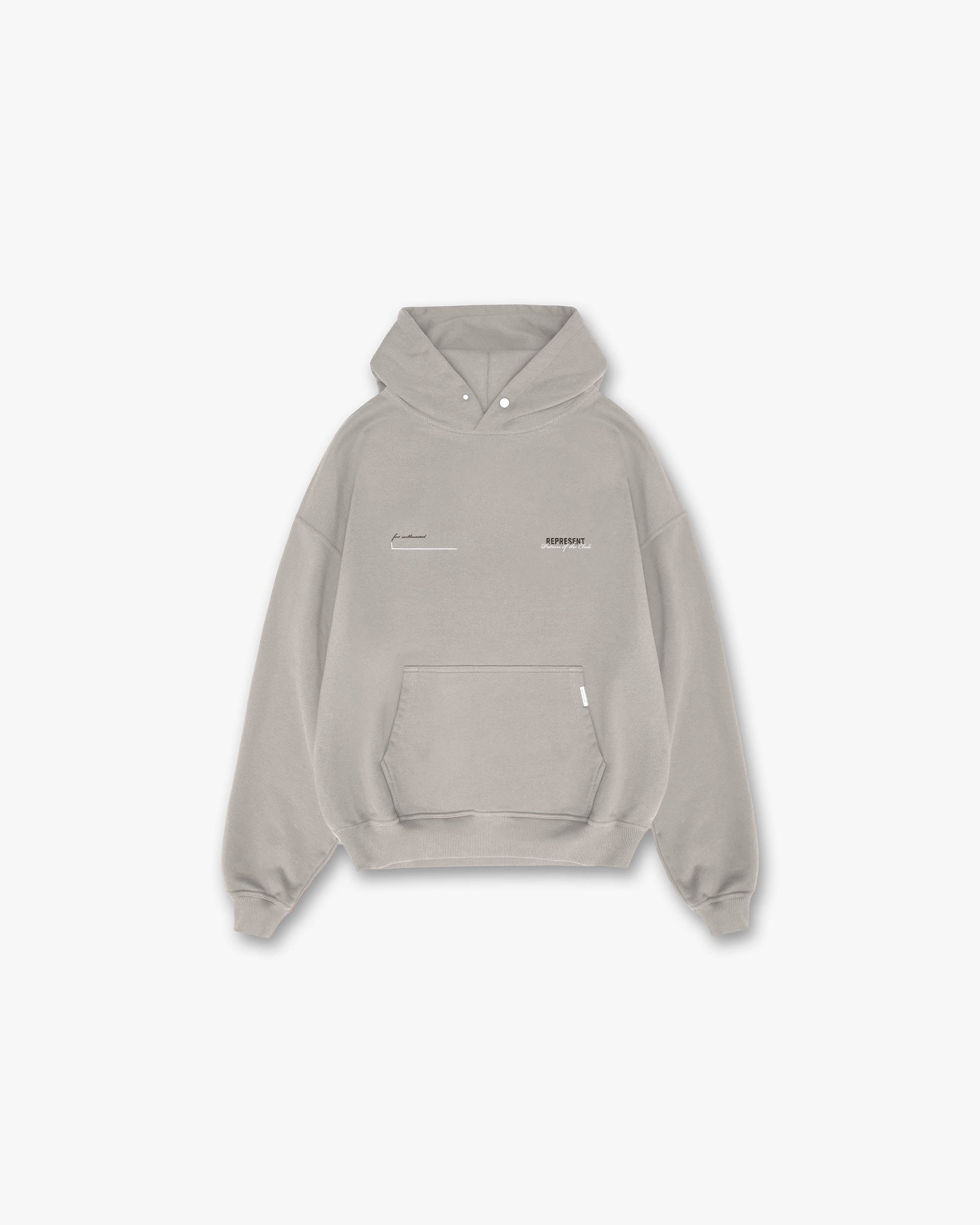 Front product image of a mens grey hoodie on a plain white background | Patron Of The Club Hoodie in Mudstone | Mid weight oversized fit hoodie with metal logo branding | Patrons Hoodies | Represent Clo