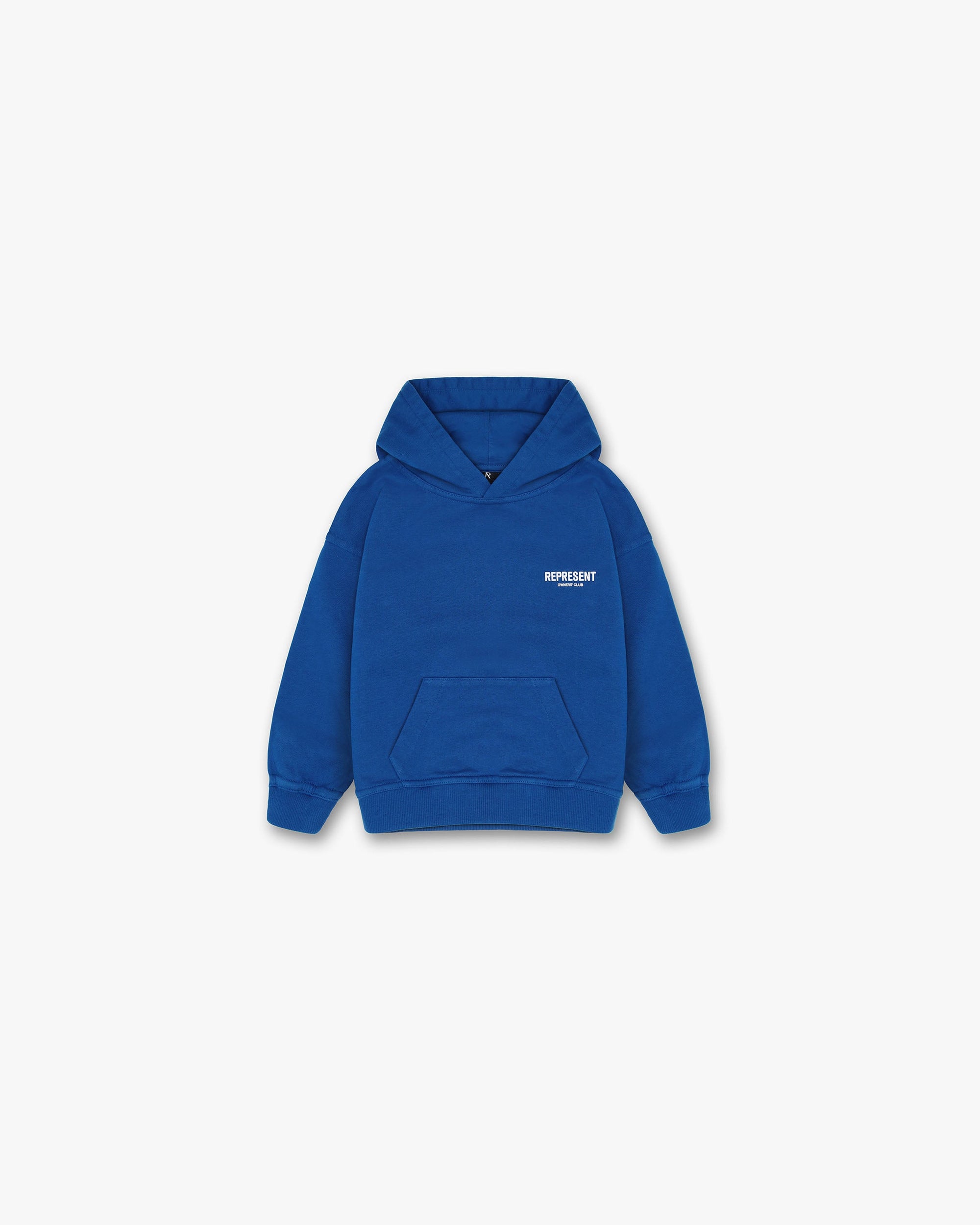 Back product image of a kids blue hoodie on a plain white background | Represent Mini Owners Club Hoodie in Cobalt | Hoodie with screen printed graphic | Owners Club Hoodies | Represent Clo