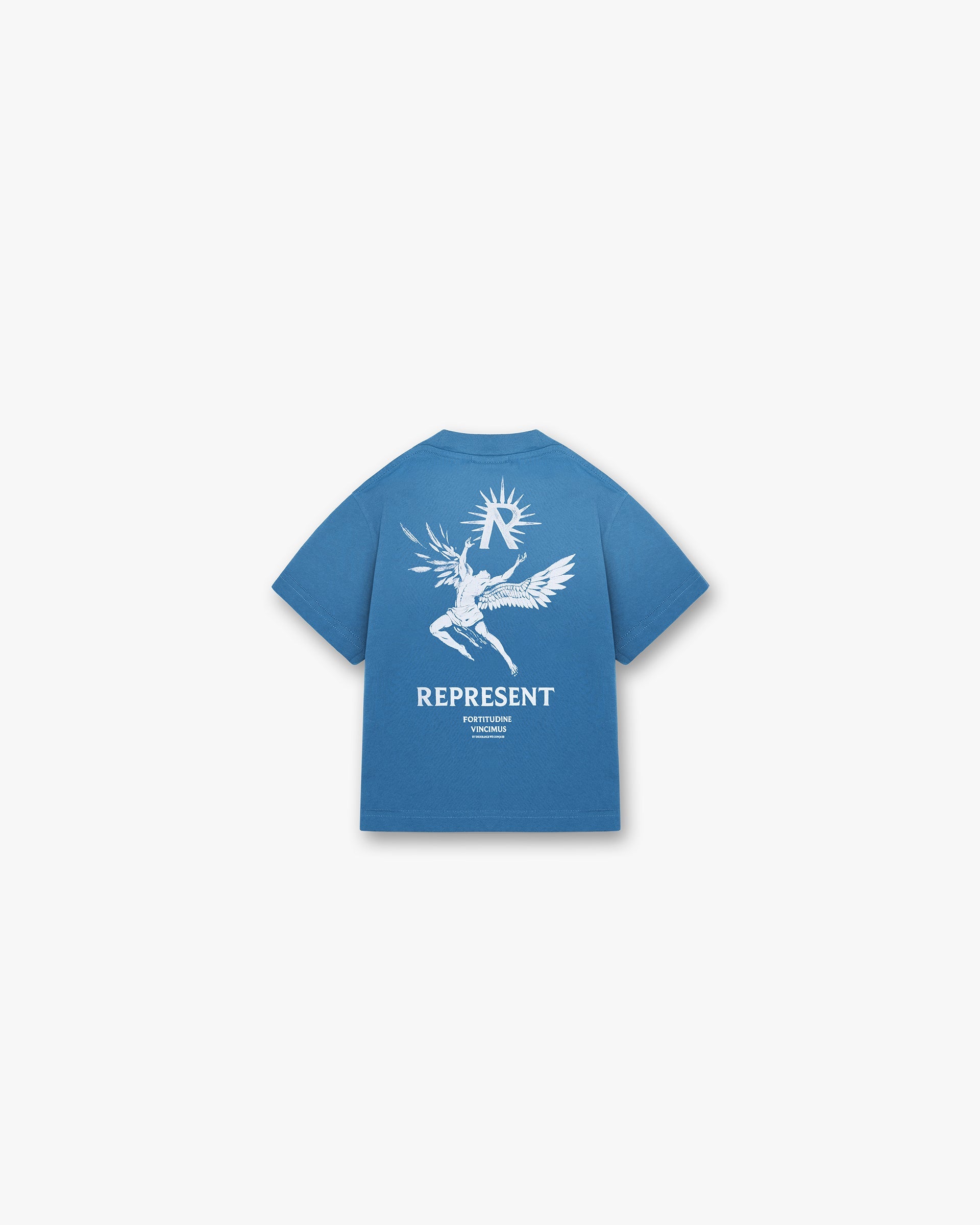 Back product image of a childrens blue t-shirt on a plain white background | Mini Icarus T-Shirt in Sky Blue | Kids oversized fit t-shirt with graphic | Mini T-Shirts | Represent Clo