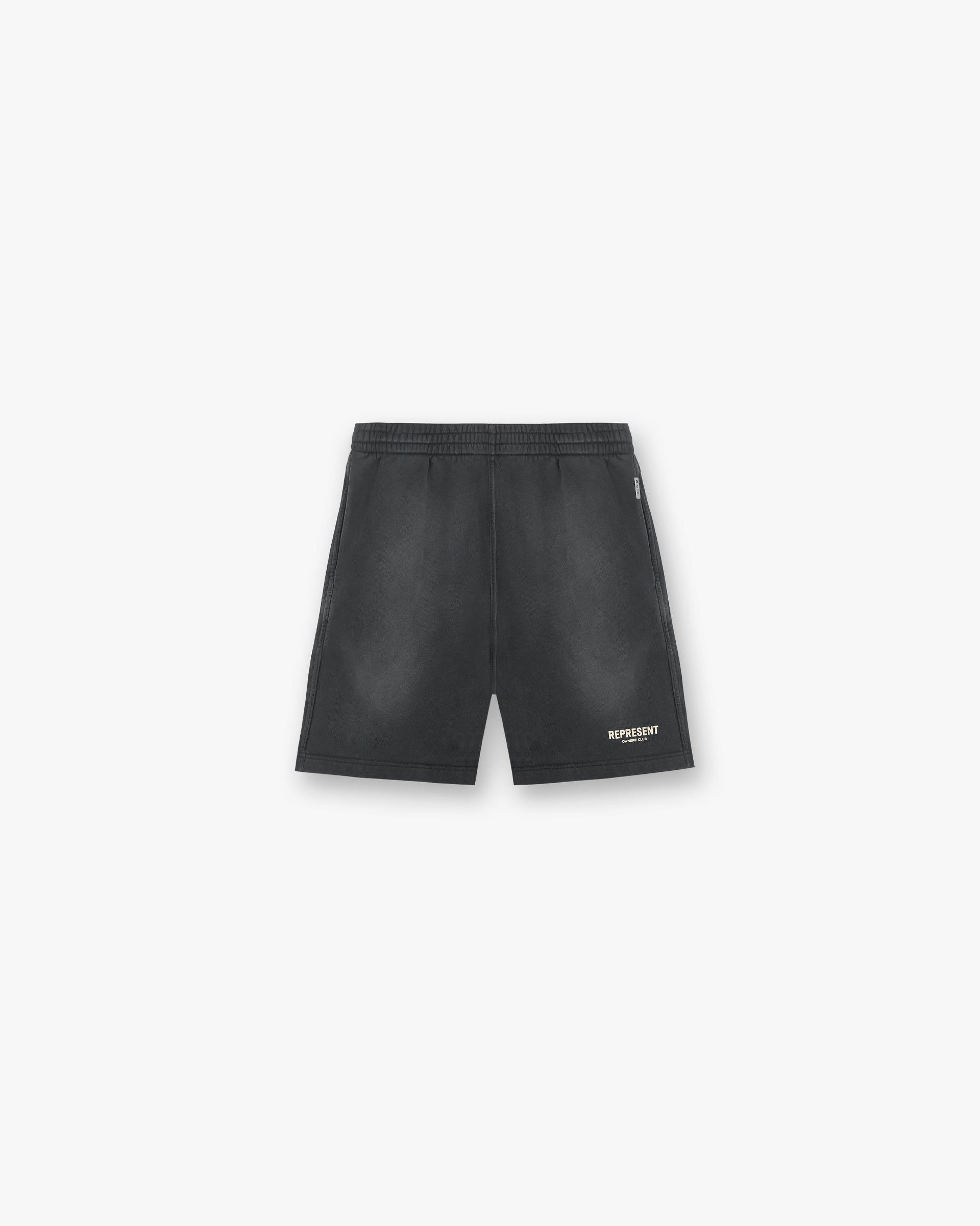 Front product image of mens black shorts on a plain white background | Represent Owners Club Shorts in Black | Casual shorts with subtle branding | Owners Club Shorts | Represent Clo