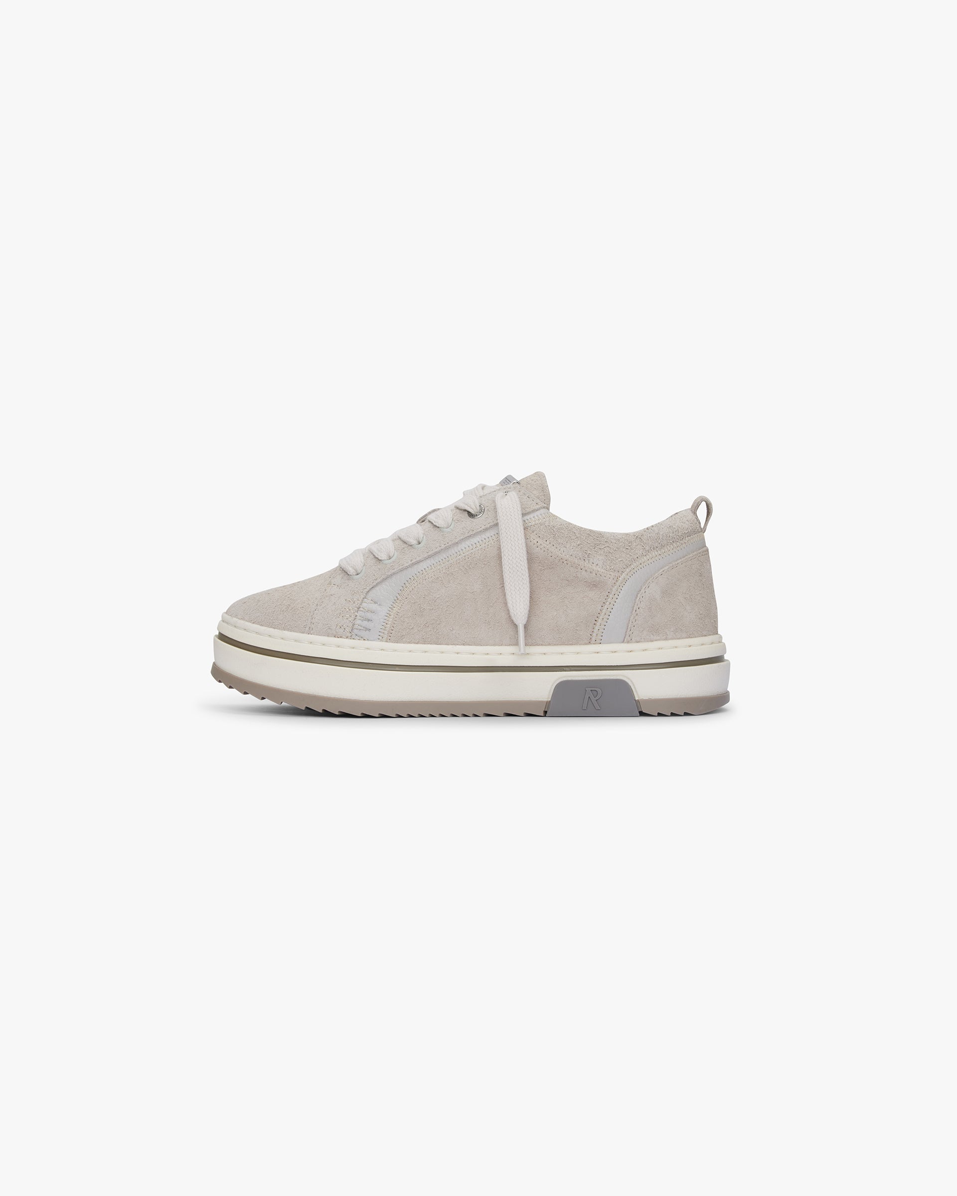 Front product image of mens grey low top sneaker on a plain white background | HTN Low in Cashmere | Suede sneaker with leather trims and chunky lacing | SS24 Footwear | Represent Clo