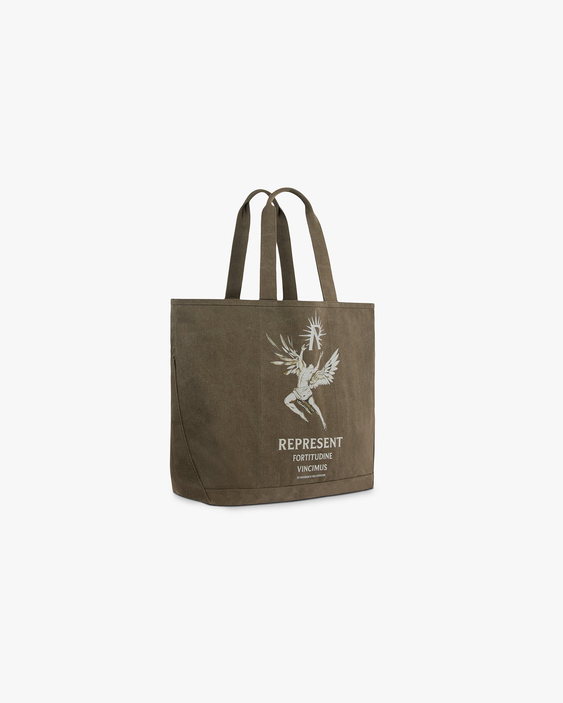 Back product image of a taupe tote bag on a plain white background | Icarus Tote Bag in Taupe | Structured tote bag with screen printed graphic | SS24 Accessories | Represent Clo