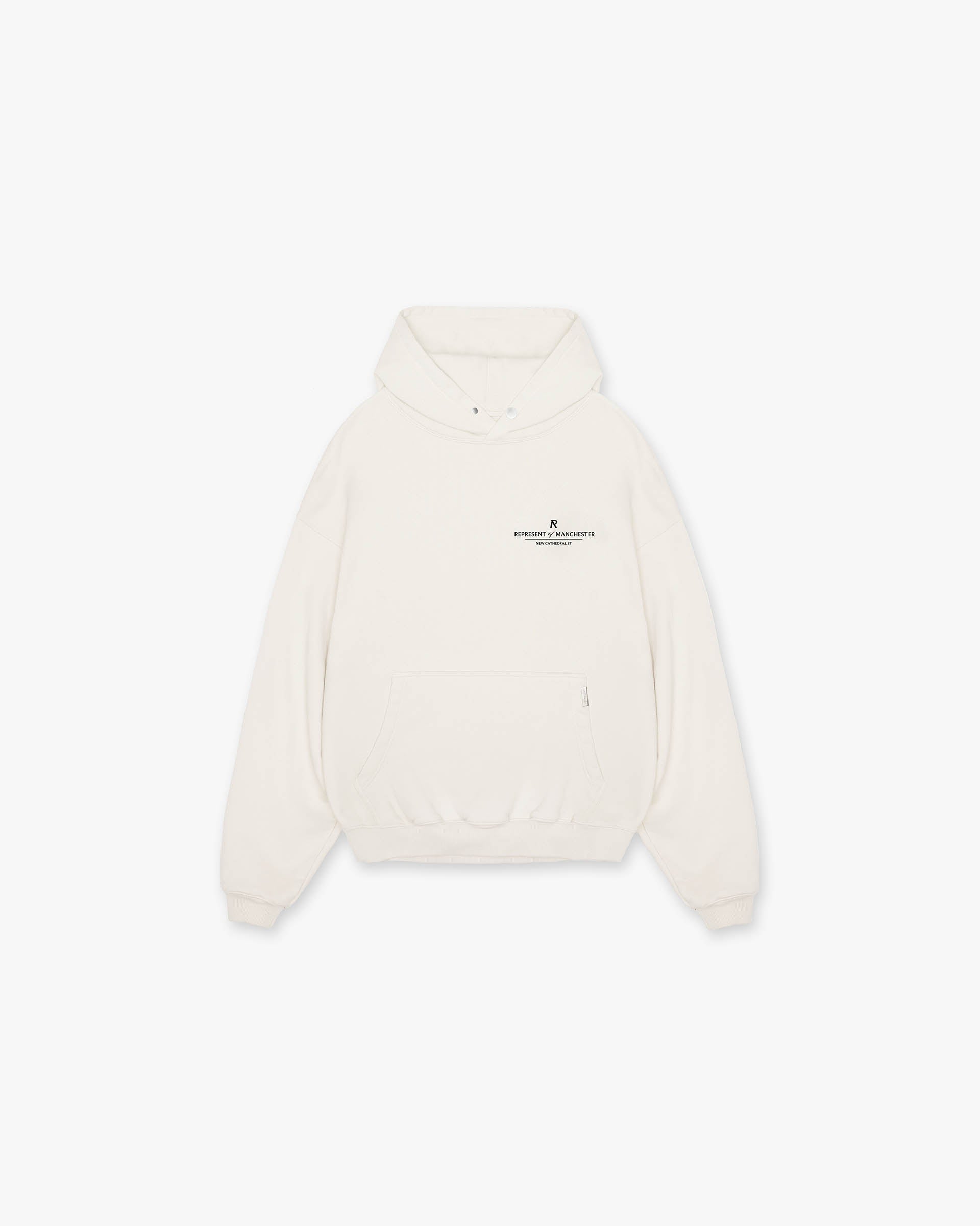 Front product image of a mens white hoodie on a plain white background | Manchester Store Hoodie in Flat White | Classic hoodie with subtle branding | Exclusives Hoodies | Represent Clo