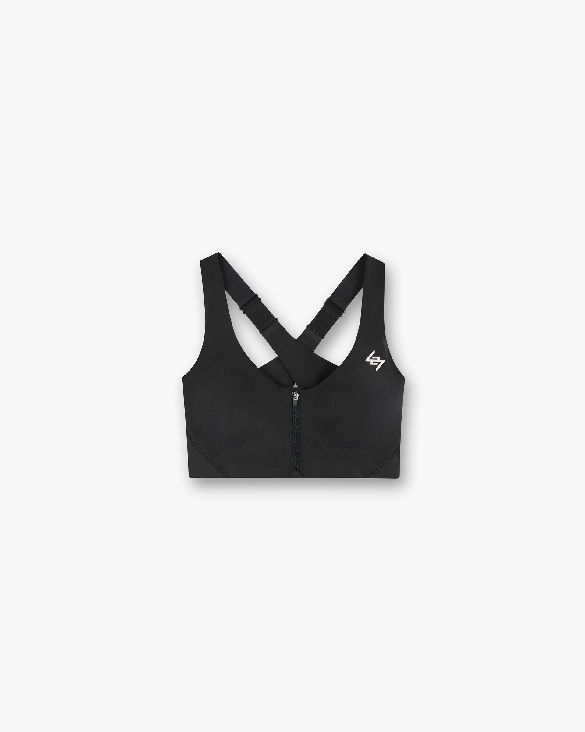 Front product image of a womens black sports bra on a plain white background | 247 X Puma Women's Shapeluxe Sports Bra in Black | Sports bra with supportive fit | 247 Sports Bras | Represent Clo
