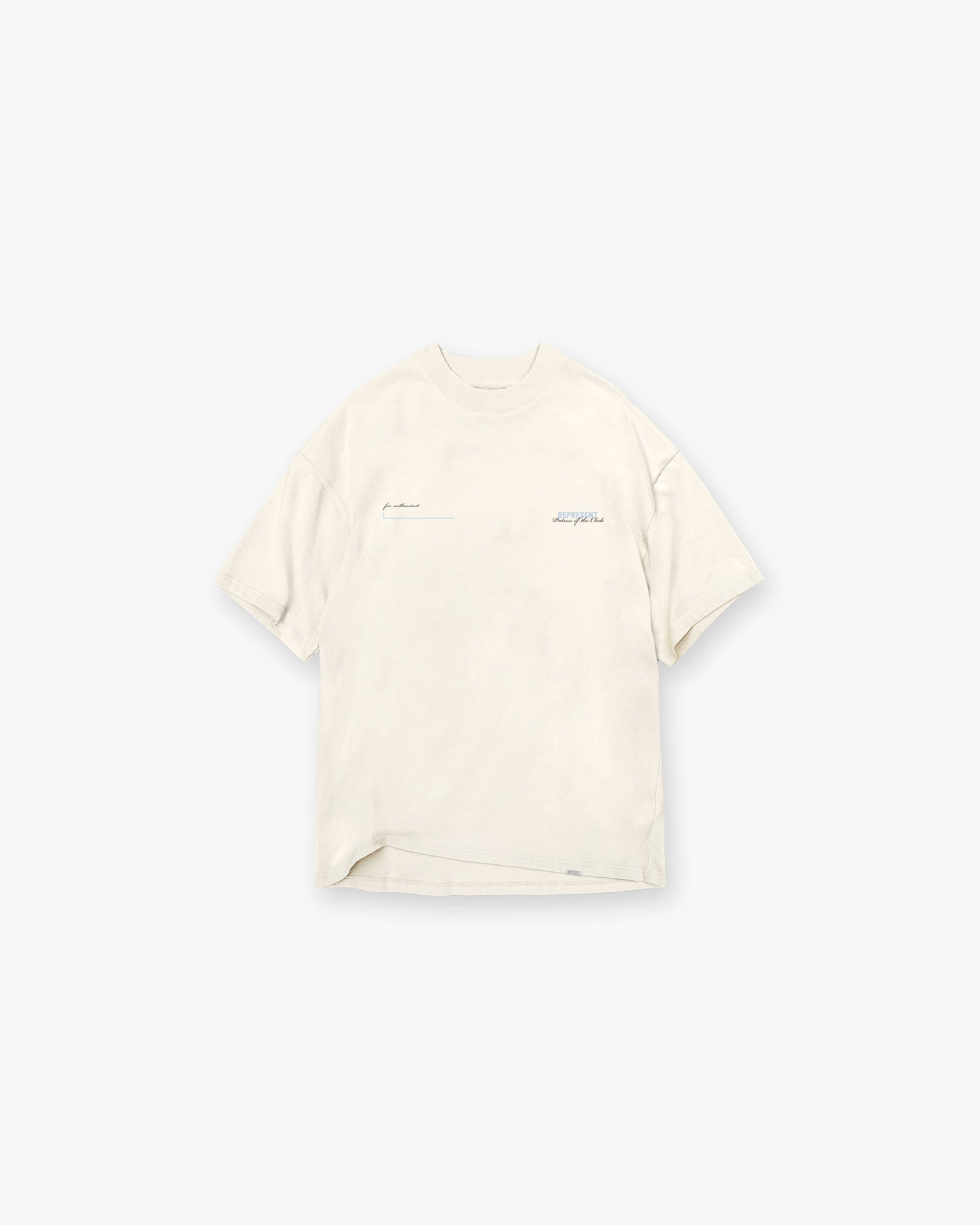 Front product image of a mens cream t-shirt on a plain white background | Patron Of The Club T-Shirt in Buttercream Powder Blue | Oversized t-shirt with cuban style collar | Patrons T-Shirts | Represent Clo