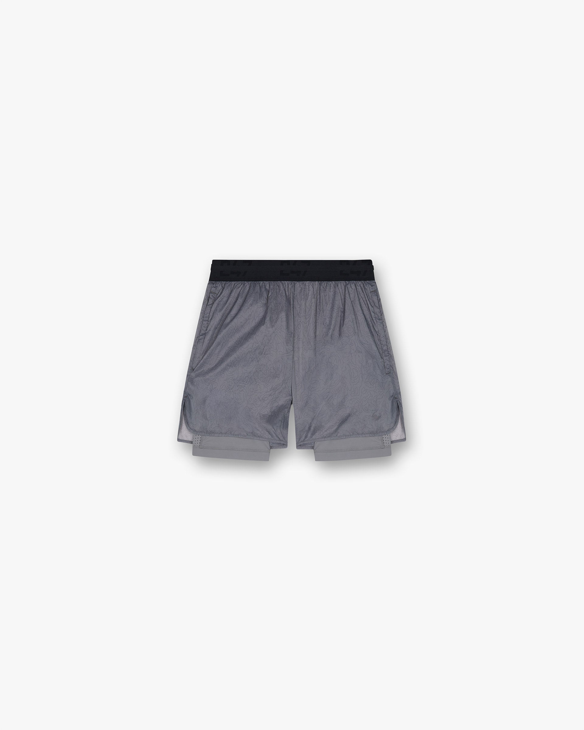 Front product image of mens grey shorts on a plain white background | 247 Contour 2-In-1 Run Shorts in Titanium | Shorts with built-in support and peached finish | 247 Shorts | Represent Clo