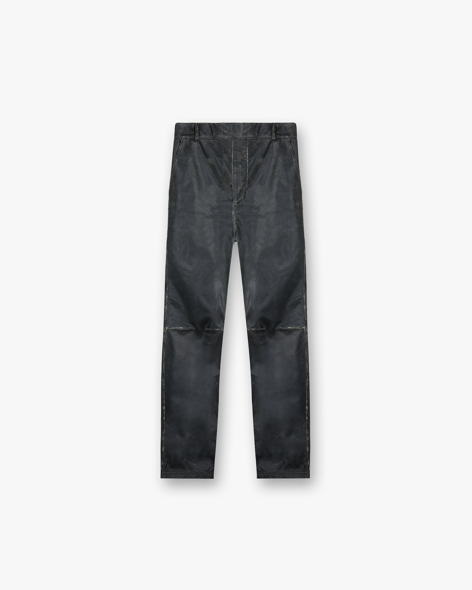 Front product image of a mens black leather pants on a plain white background | Distressed Leather Pant in Black | Distressed design leather pants | FW24 Pants | Represent Clo