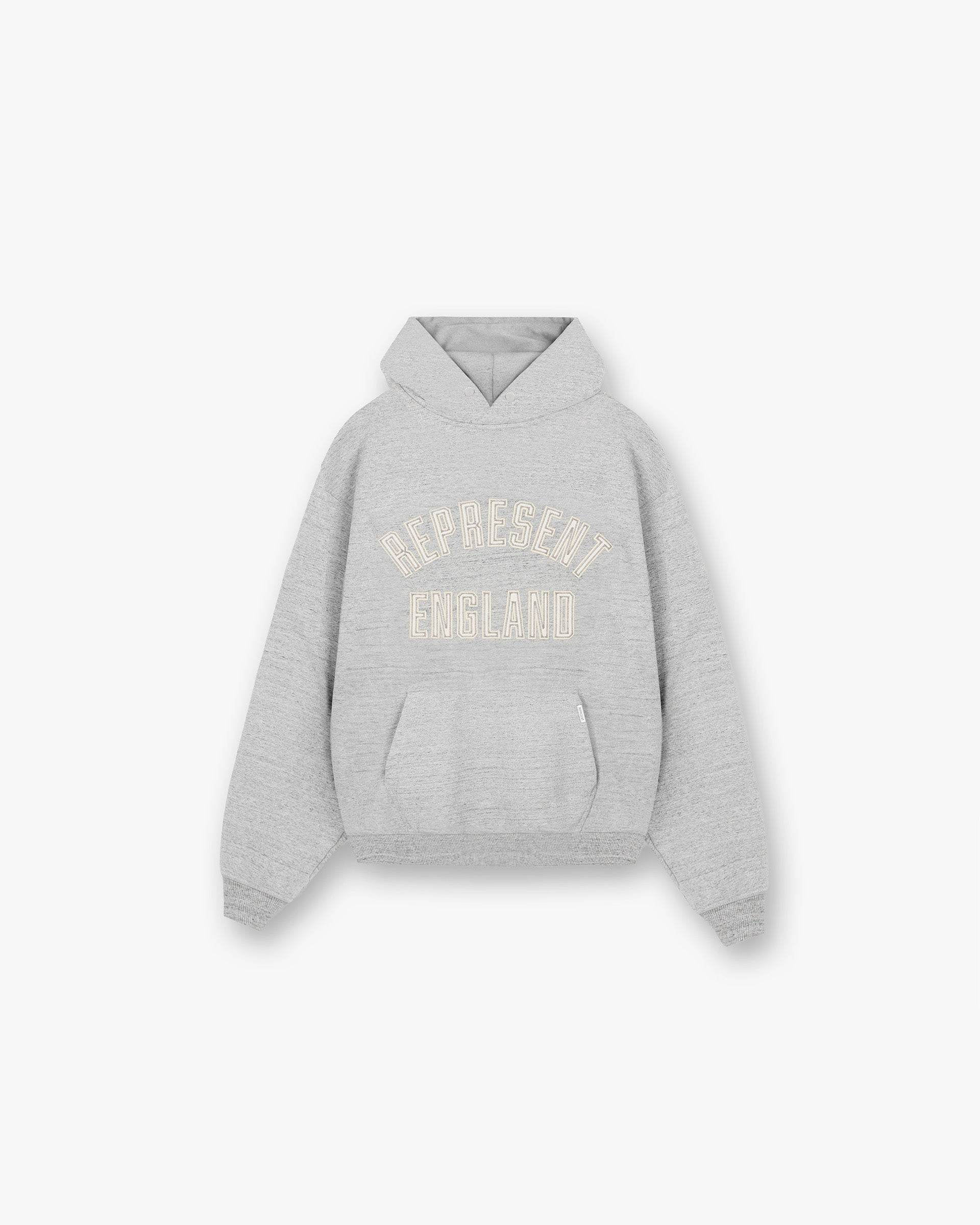 Front product image of a mens grey hoodie on a plain white background | England Applique Hoodie in Grey Marl | Hoodie with applique detailing | PRE SS25 Hoodies | Represent Clo
